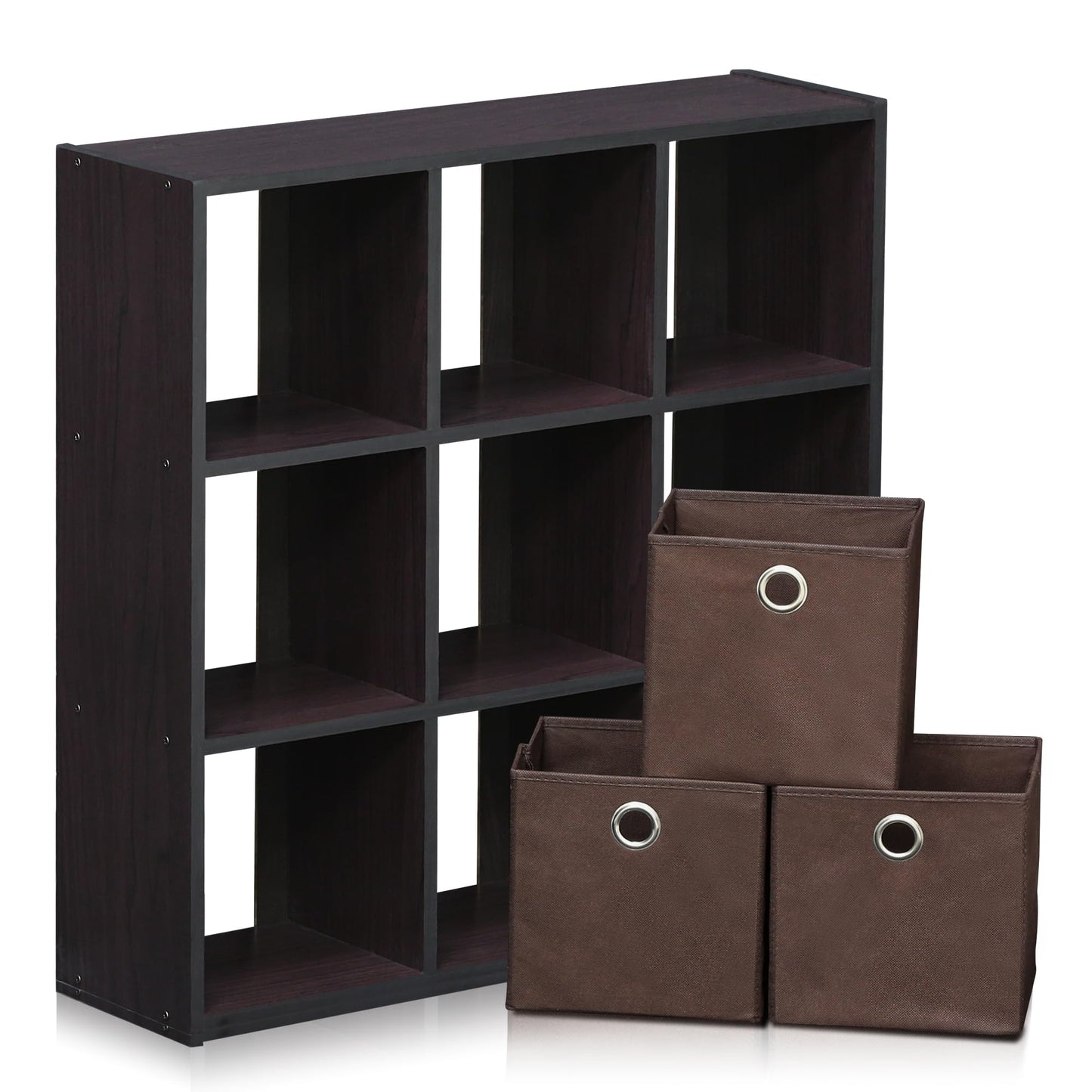Furinno Simplistic 9-Cube Organizer with Bins, Small Size (Assembled Unit Dimensions : 7.9"D x 26.5"W x 26.7"H Inches), Dark Walnut