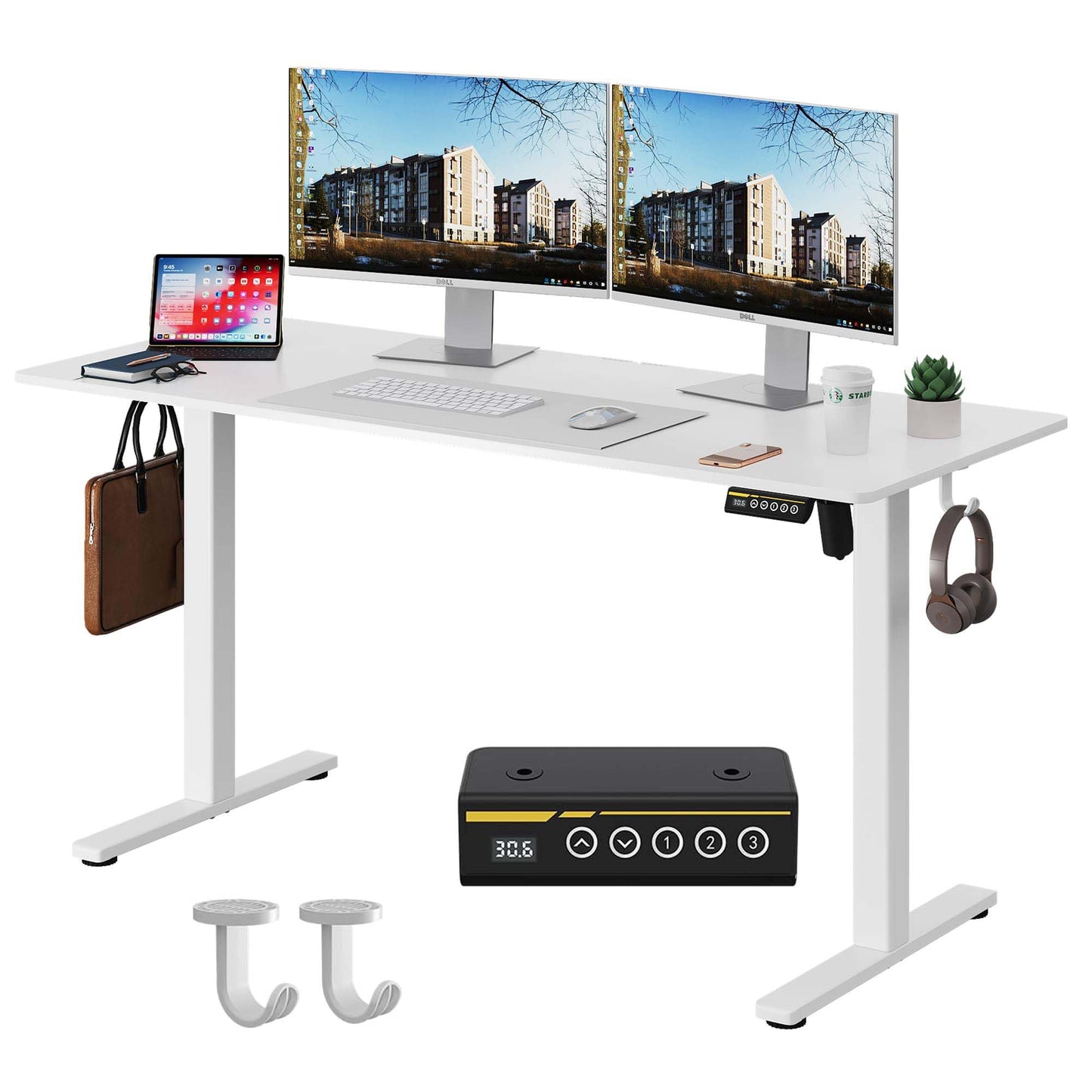 Gamork Large Electric Standing Desk,55x24 Inches Adjustable Height Stand up Desk, Sit Stand Home Office Desk, 3 Preset Heights,Equipped with Hooks,Ergonomic Computer Desk Workstation，White