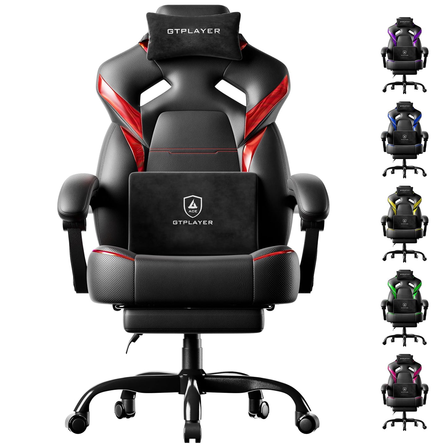 GTPLAYER Big and Tall Gaming Chair for Adults, Ergonomic Office Chair with Footrest, Heavy Duty 350 lbs Capacity, High Back, Premium Leather & Iridescent Trim, ACE-Armor, Black & Red