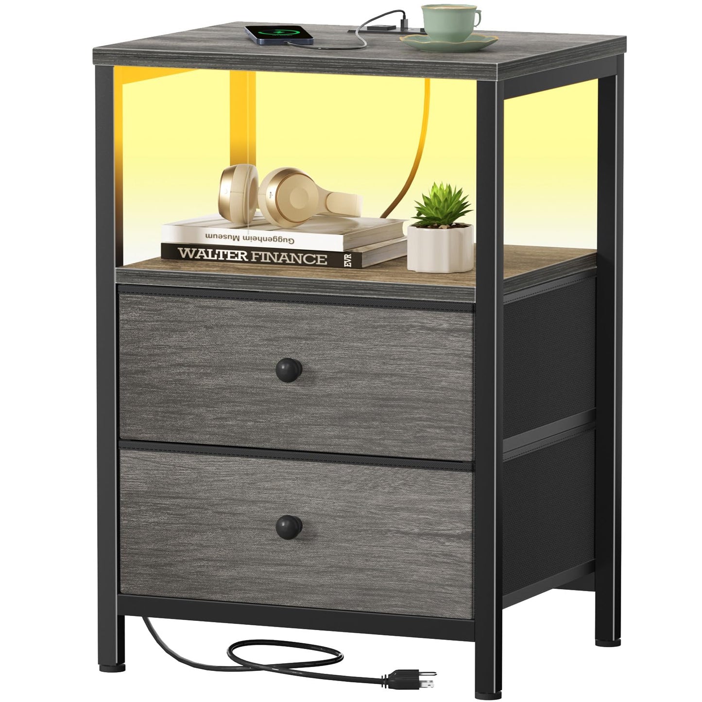 BOLUO Gray Nightstand with Charging Station, LED Night Stand with 2 Fabric Drawers, Bedside Table with USB Ports and Outlets, Nightstand for Bedroom Modern
