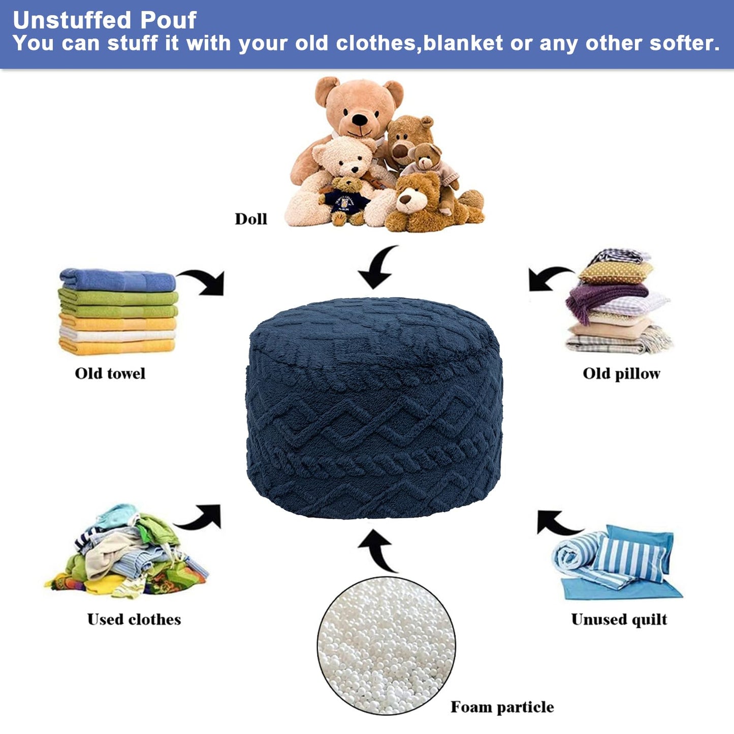 Poofieotto Unstuffed Pouf Ottoman Cover Handmade Footstool Ottoman Storage Solution Floor Pouf Footrest Cushion 20Diameter x12Height Inches for Living Room Wedding Bedroom Navy Blue No Filler