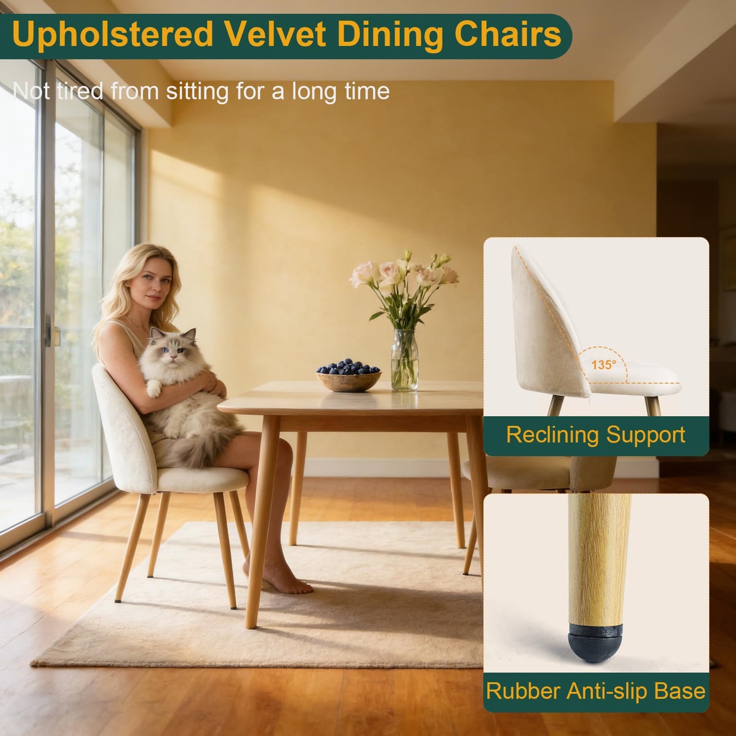 ACOHOOK Dining Chairs Set of 2, Velvet Comfortable Seats, Mid-Century Modern Living Room Chairs, Upholstered Kitchen Chairs with Wooden Legs and Padded Seat for Bedroom Office Easy Assembly, Beige