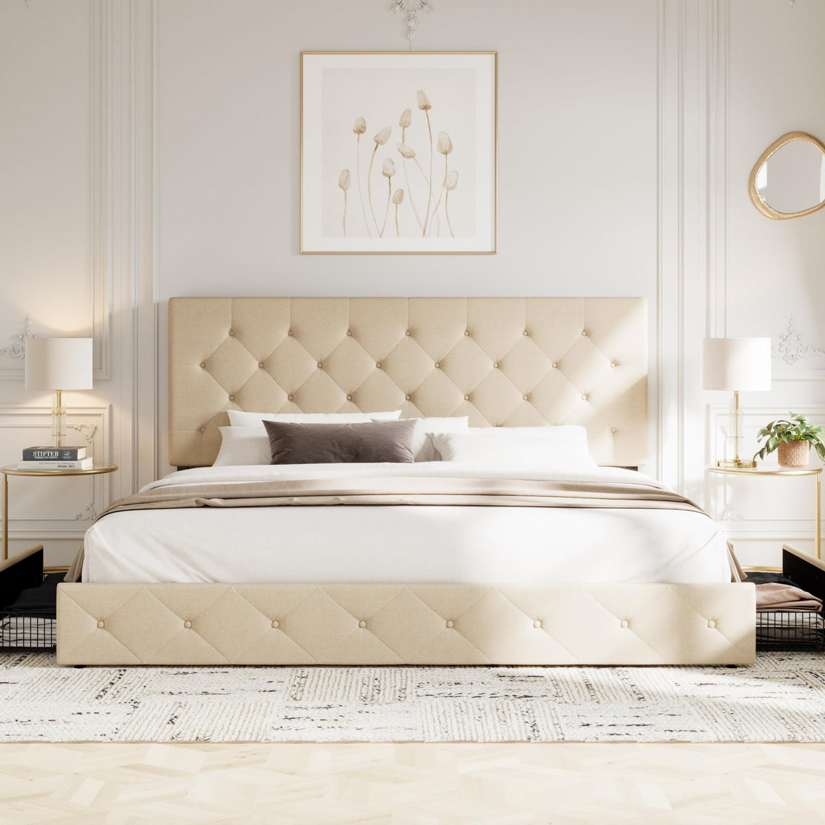 Allewie Upholstered King Size Platform Bed Frame with 4 Storage Drawers and Headboard, Diamond Stitched Button Tufted, Mattress Foundation with Wooden Slats Support, No Box Spring Needed, Beige