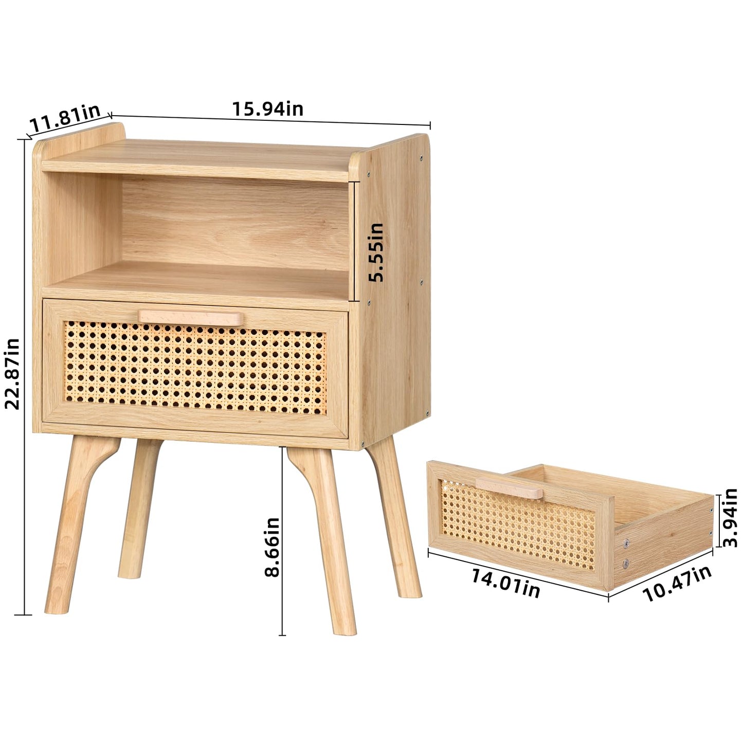 Lerliuo Rattan Nightstand, Boho Side Table with Drawer Open Shelf, Cane Accent Bedside End Table with Solid Wood Legs for Bedroom, Dorm and Small Spaces (Natural)