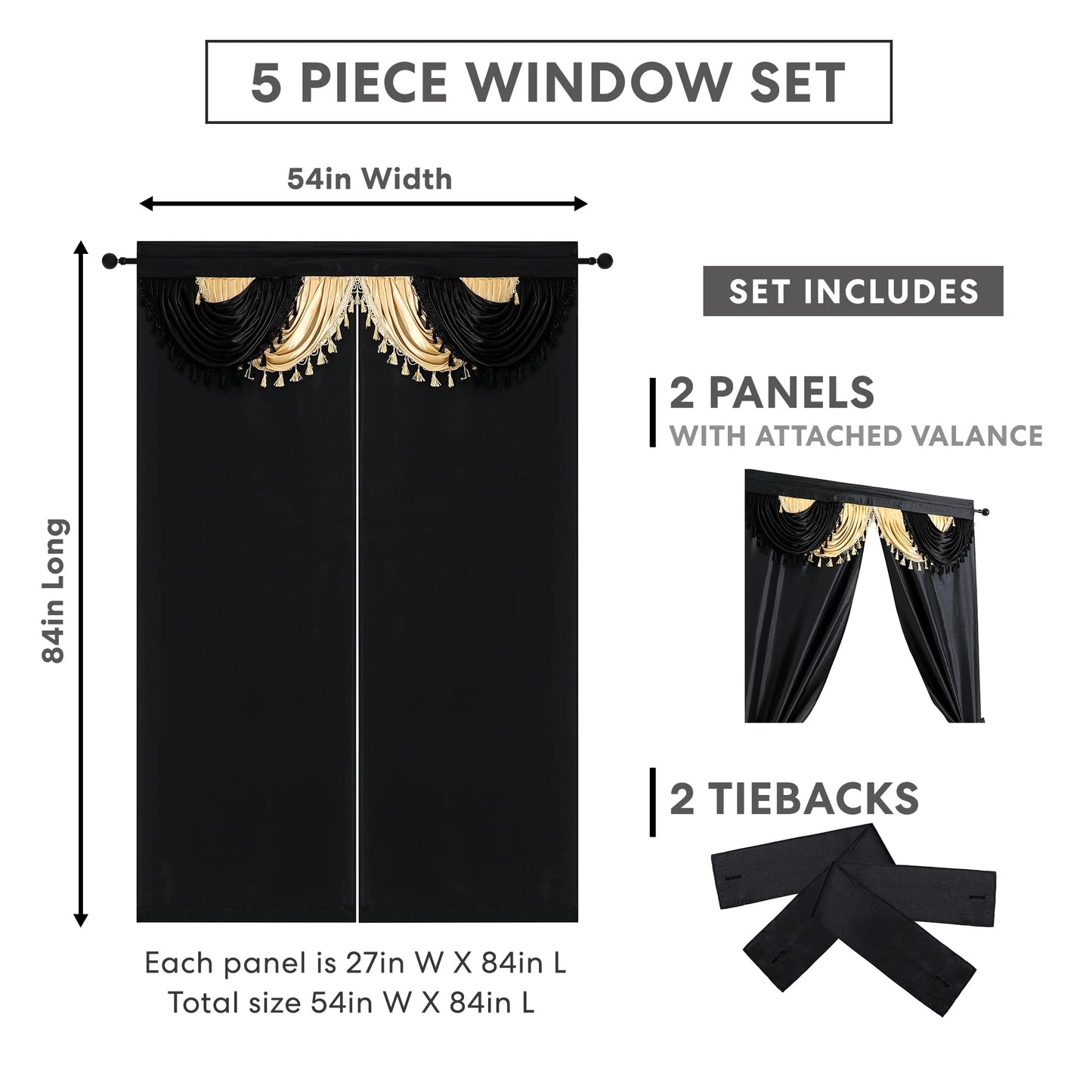 Regal Home Collections Amore 5-Piece Window Curtain Set - 54-Inch W x 84-Inch L Panels with Attached Valance and 2 Tiebacks - Bedroom and Living Room Gothic Curtains (Black/Gold)