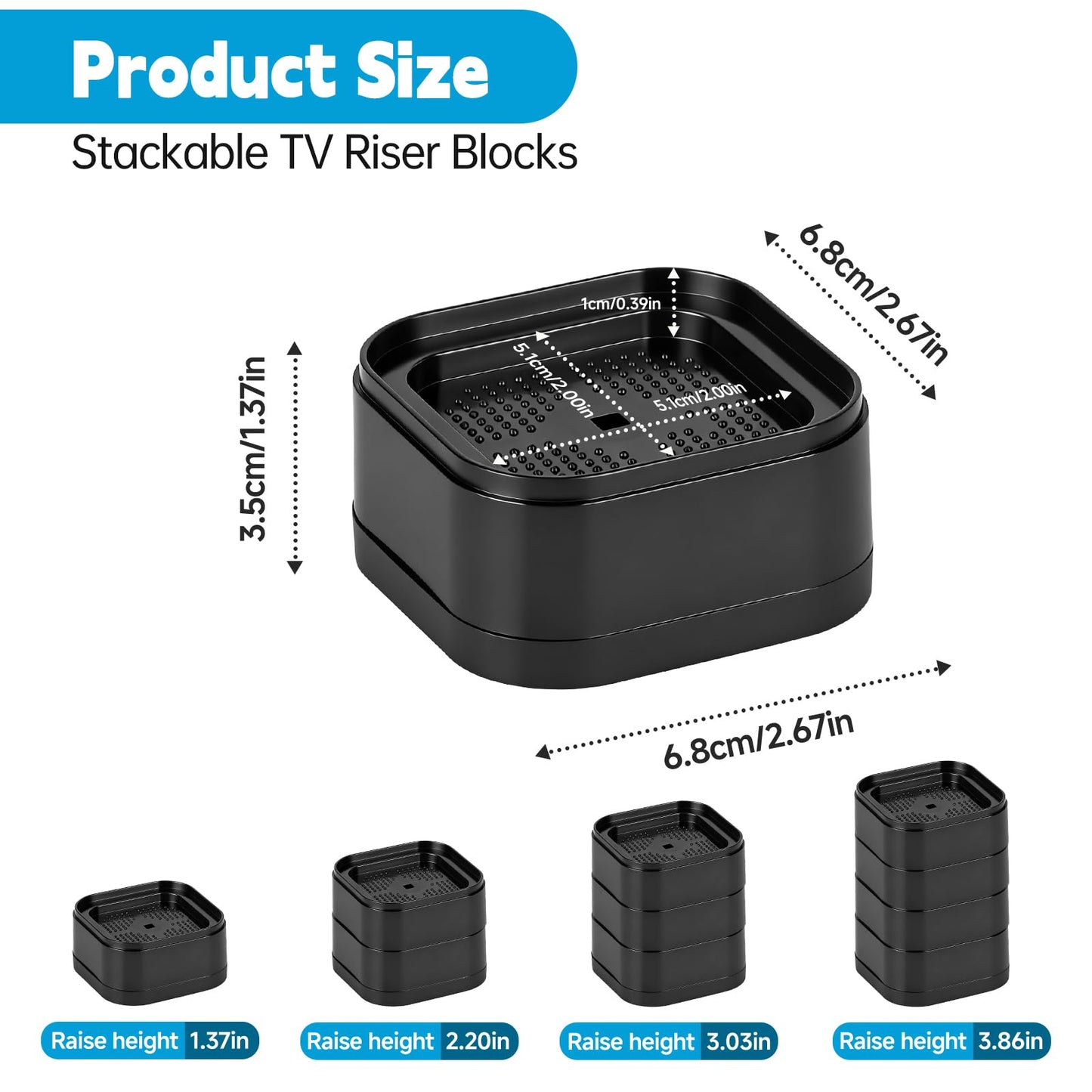 Piszvbej 4 Pack TV Stand Riser Blocks, Heavy-Duty Adjustable Height Blocks for Raising TV Stand, Rectangular Adjustable Block Lift, Durable Non-Slip Television Elevation Pads for Home and Office