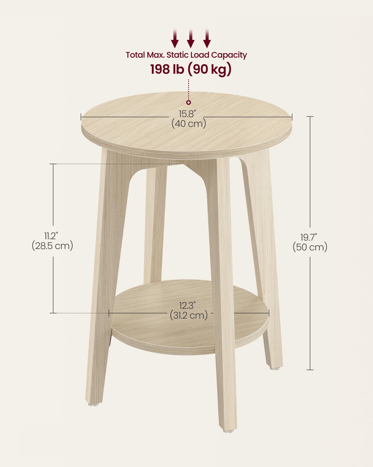 VASAGLE MAEZO Collection - Side Table, 2-Tier Small Round End Table, Nightstand with Tapered Legs, Curved Transitions, for Small Spaces, Living Room, Bedroom, Natural Beige ULET283N01