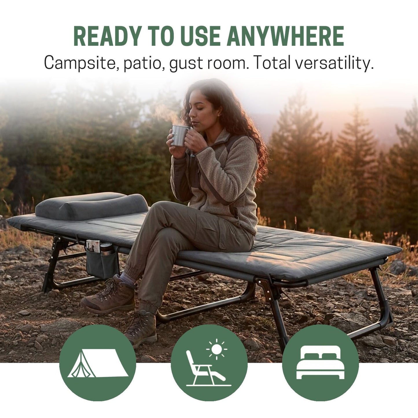 Mopaicot Folding Camping Cot for Adults, Adjustable 4-Position Reclining Chair with Mattress and Pillow, Lounge Chair Camp Cots Bed for Sleeping, Travel, Garden, Pool, or Office Nap (Gray)