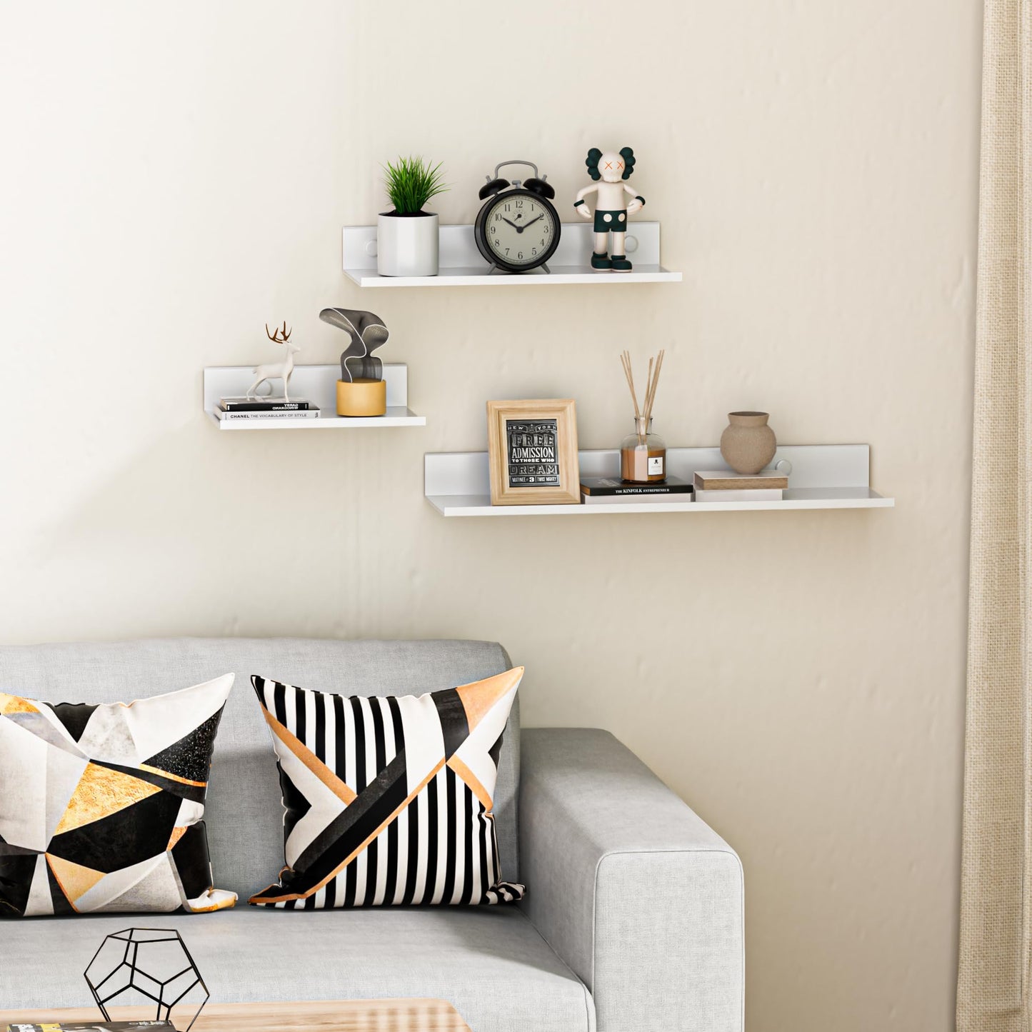 Wisfame Small Floating Shelves for Wall, Metal Adhesive Wall Shelf 2 Pack, Modern Display Shelf for Living Room, Bedroom, Bathroom Decor (White, 8 Inch)