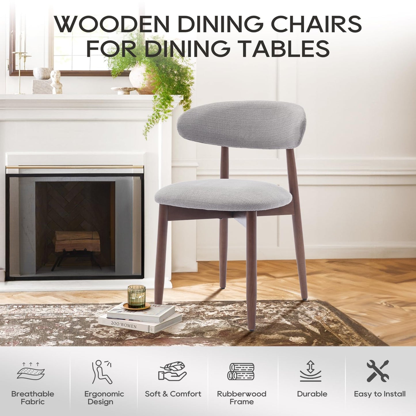 COLAMY Wooden Dining Chairs Set of 4, Modern Fabric Upholstered Dining Room Chair, Farmhouse Kitchen Chair with Foot Pegs, Light Grey
