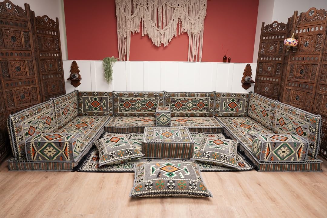 arabicsofa U Shaped Arabic Floor Seating – Handmade Majlis Set– Bohemian Style Sofa