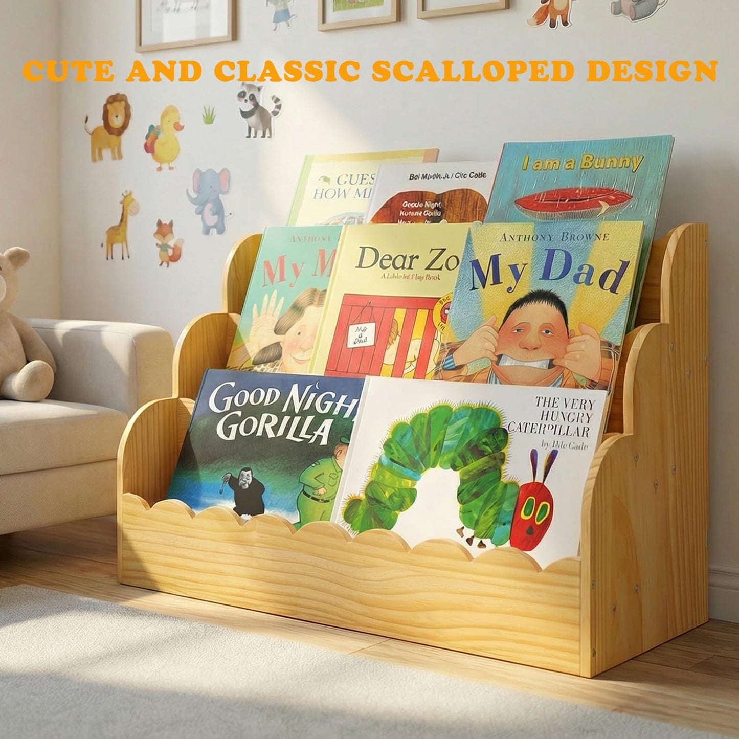 Livemy Scalloped Book Shelf for Kids, 3-Tier Wooden Bookshelf for Toddler, Durable Bookcase Book Organizer Display Furniture for Kids Rooms, Playroom, Nursery, Classroom (Natural, 16.5 * 16.5 * 11in)