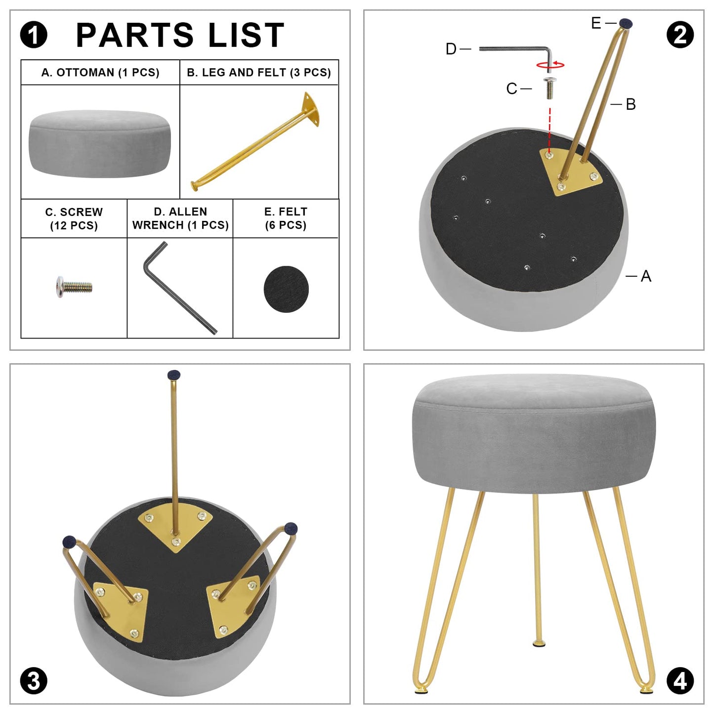 YOONIC Velvet Soft Modern Vanity Stool -Round Footrest Stool Ottoman Side Table Seat Dressing with Golden Metal Leg and Sponge Filling,Upholstered Foot Rest, for Living Room and Bedroom (Gray)