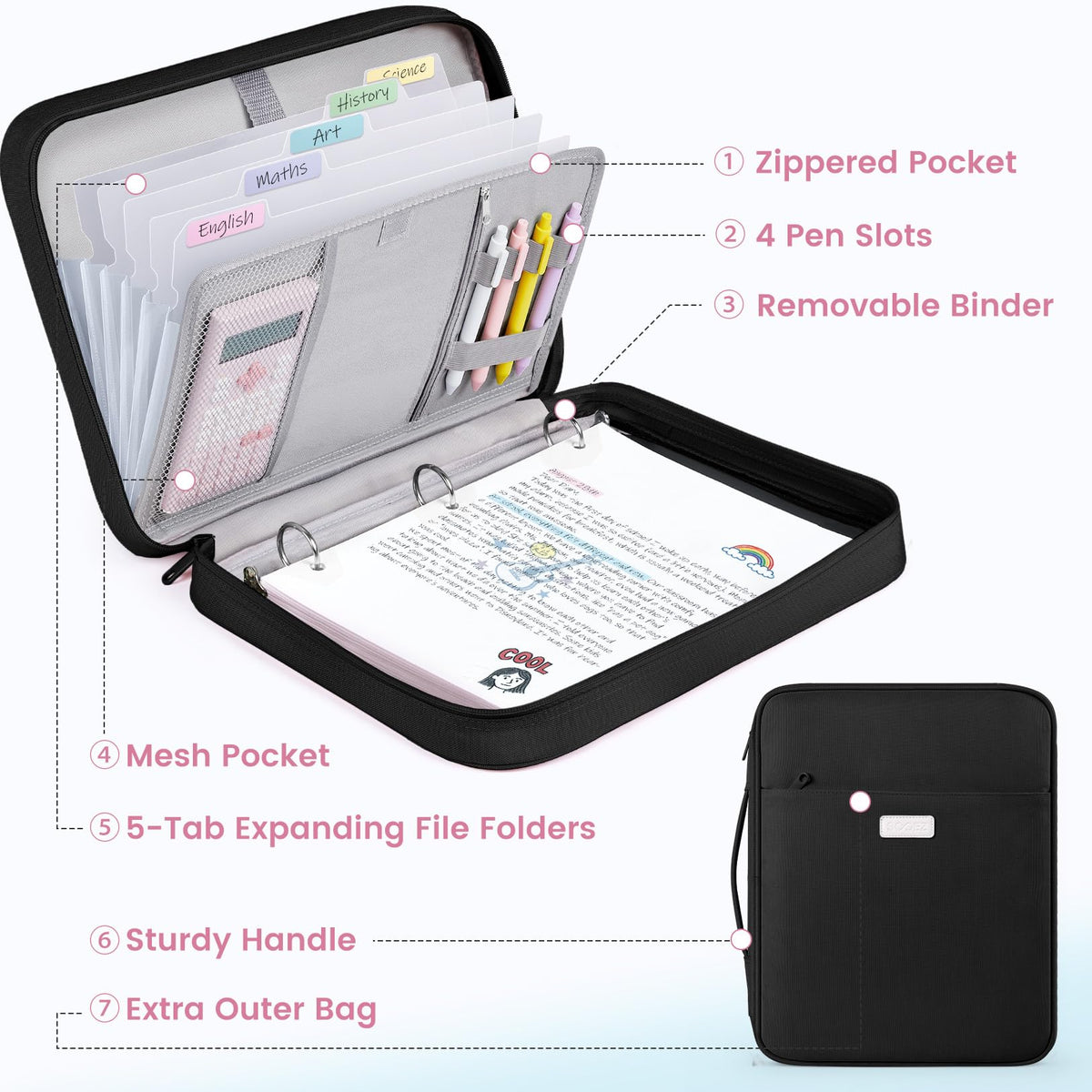 Sooez Zipper Binder Bag, 1.5 Inch Binders 3 Ring O-Ring, 5-Tab Dividers Expanding File Folder, 500-Sheet Capacity Three Ring Binder, Cute Organizer Storage for Student School Classroom Supplies, Black