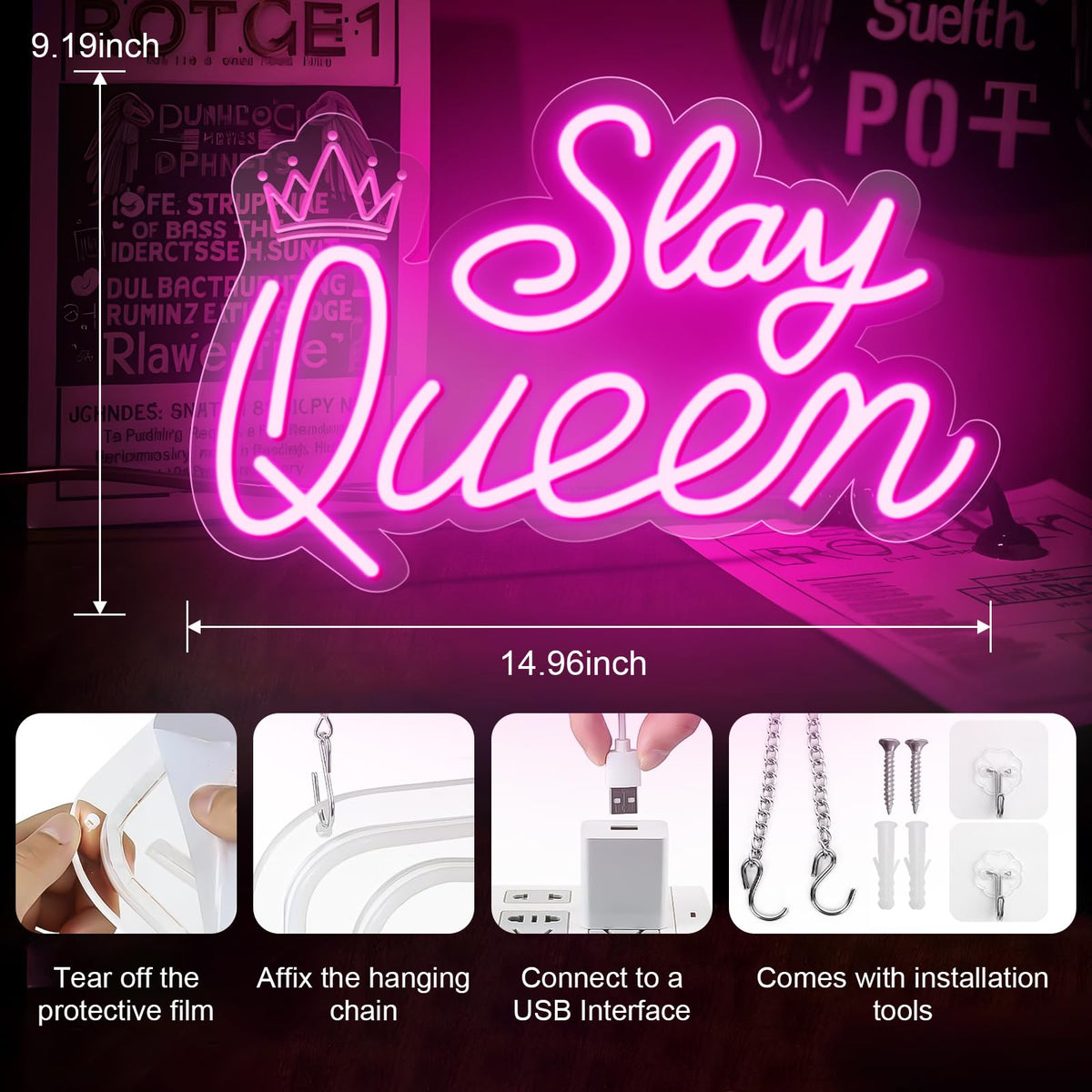 Slay Queen Neon Sign for Wall Decor, Adjustable LED Light Up Signs USB Powered Pink White Neon Sign for Girl Women Birthday Valentines Christmas Bedroom Dorm Wall Art Decor