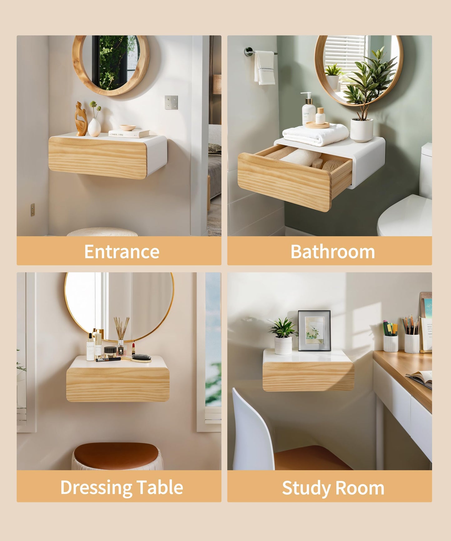 SUMGAR Floating Nightstand White with Drawers Modern Bedside Table Organiser Fully Assembled Shelf Small Spaces Wall Mounted Storage Wood Furniture for Bedroom Home Decor