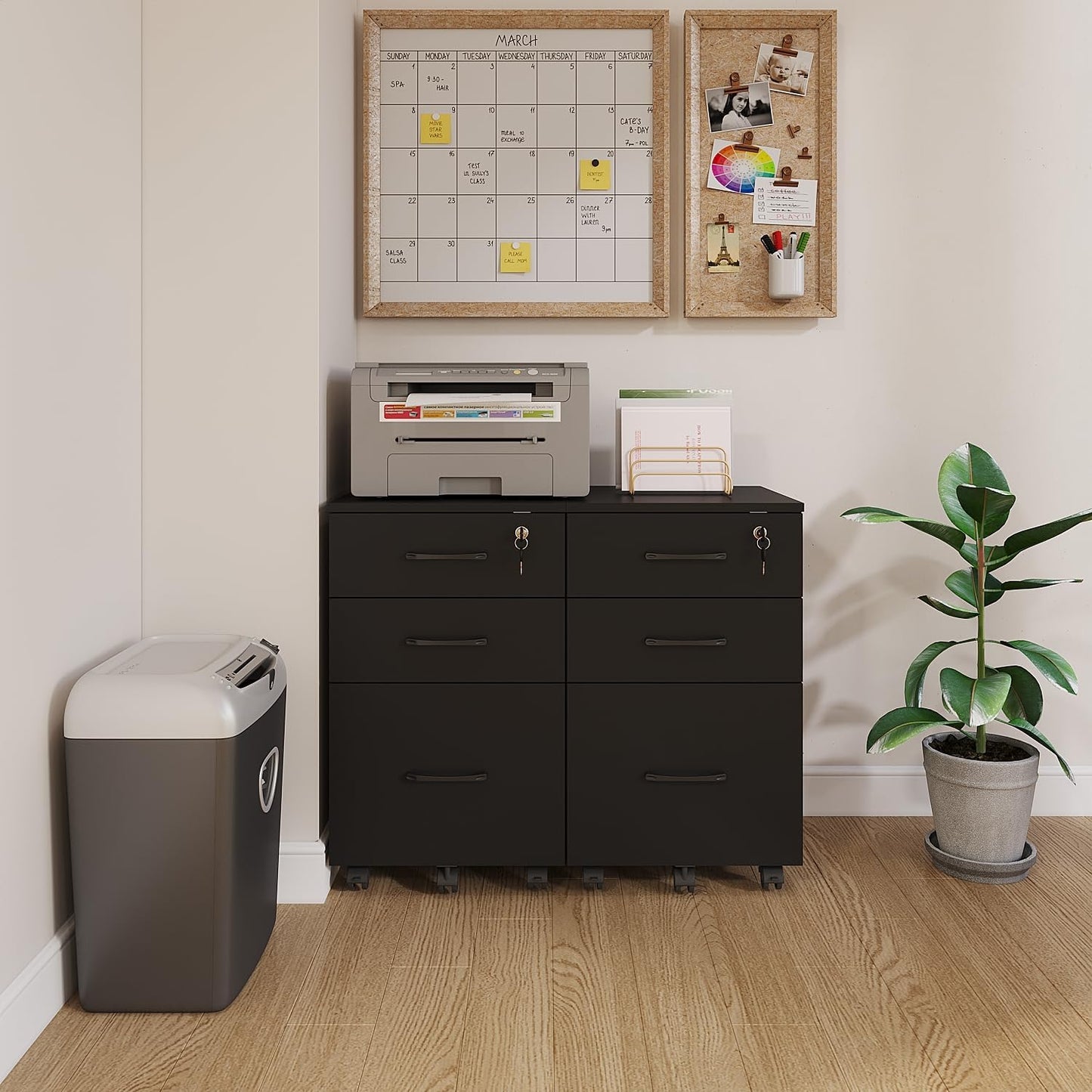 ALBSL File Cabinet with Lock,3 Drawer Wood Rolling Filing Cabinets Under Desk for Home Office, Office Storage Cabinet fits Letter/A4 Size,Mobile Filing Cabinet Printer Stand,Black