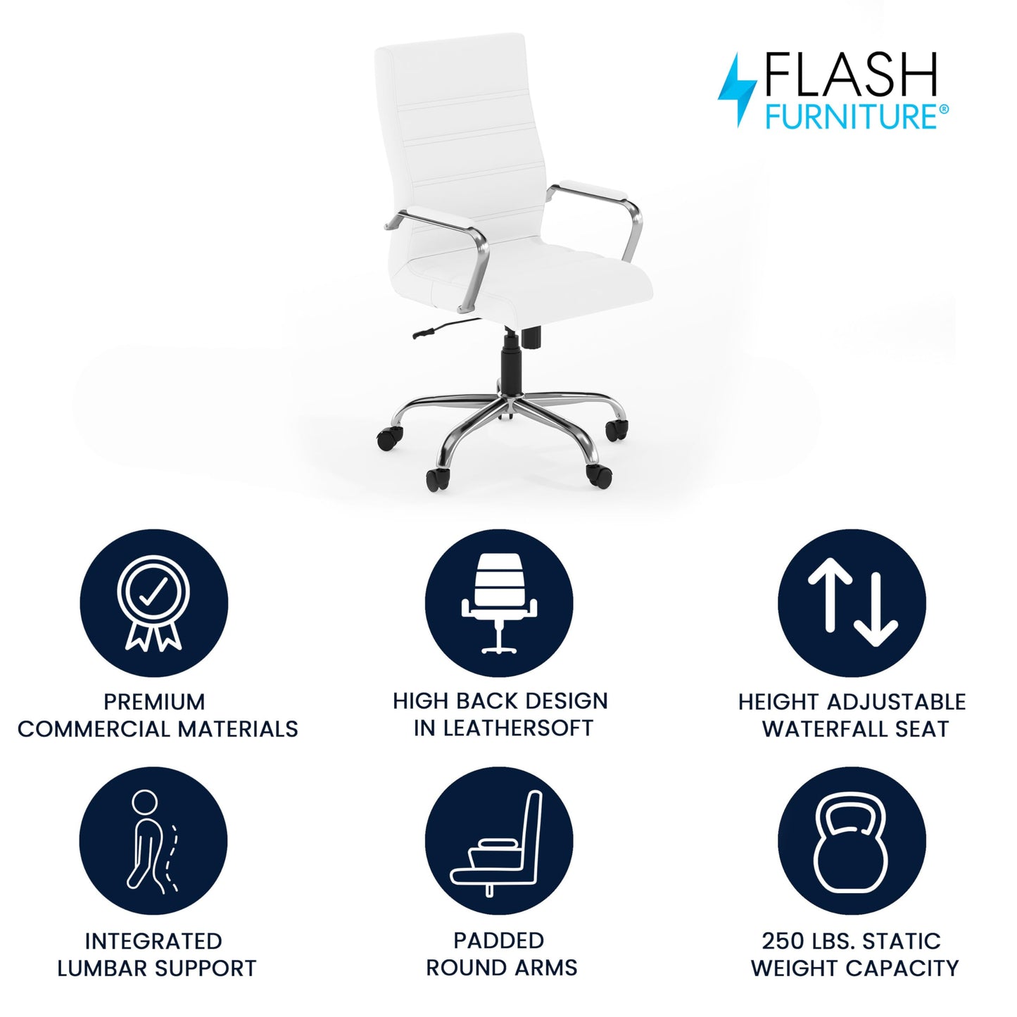 Flash Furniture Whitney High-Back Swivel LeatherSoft Desk Chair with Padded Seat and Armrests, Adjustable Height Padded Office Chair, White/Chrome