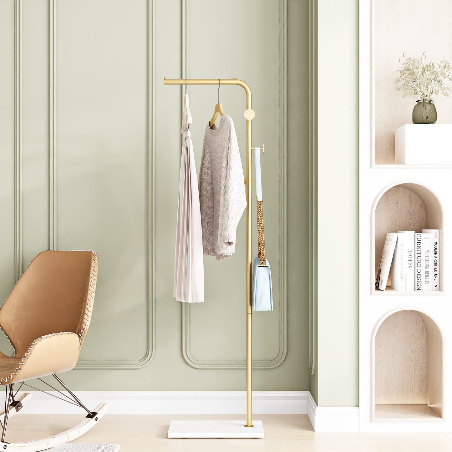 DOORXIFO Gold Coat Rack with White Base, Freestanding Entryway Rack with 3 Hooks, L Shape Home Coat Hanger for Jackets, Hats, Clothes
