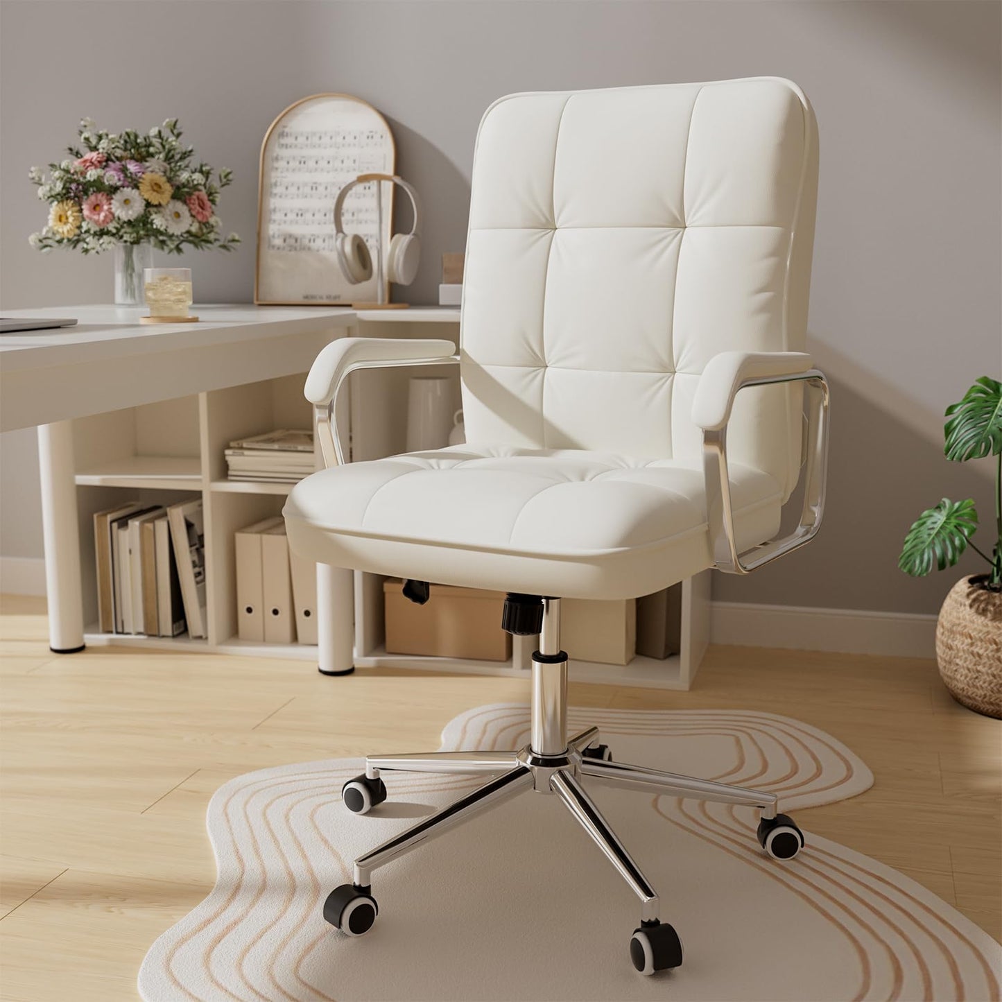 HomeZeer White Office Chair, Mid Back Leather Desk Chair with Wheels and Padded Arms, Swivel Vanity Chair for Bedroom, Computer Chair for Study and Work