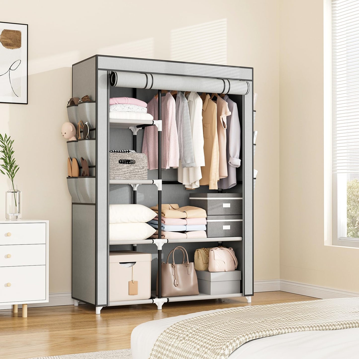 VTRIN Wardrobe Closet, 41.7 Inch Wide Portable Closets for Hanging Clothes with 1 Hanging Rod, 6 Shelves, 6 Pockets, Clothes Rack with Cover Portable Wardrobe Closet for Bedroom, Dorm, Grey