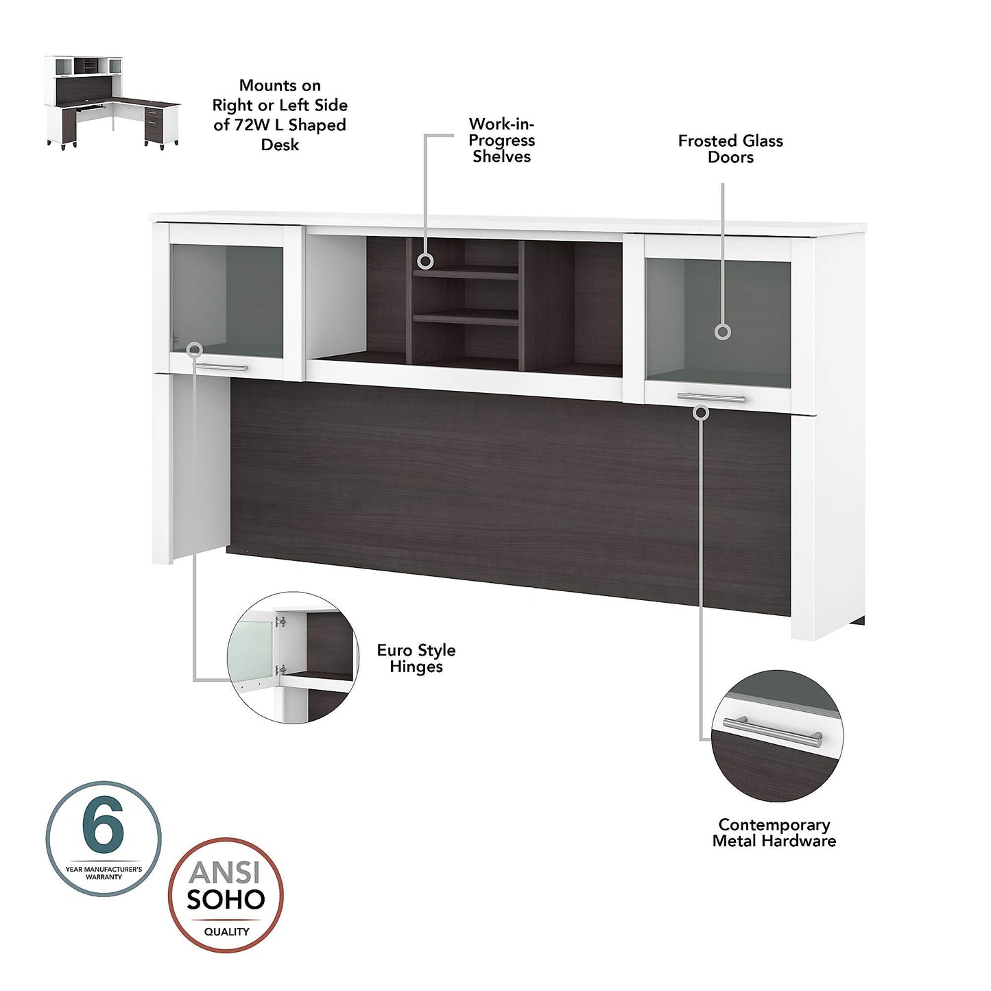 Bush Home 72-Inch Office Desk with Drawers and Hutch, Computer Desk with File and Box Drawers, Shelves and Storage Cabinet, Home Office Workstation, Somerset Collection, Storm Gray and White