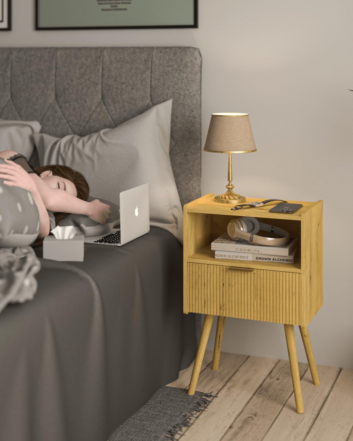JOONEE Nightstand,Modern Bedside Table with Storage Drawer and Open Wood Shelf, for Living Room, Bedroom and Small Spaces, Accent Night Stand with Solid Wood Legs, Easy Assembly,Vintage Yellow Oak
