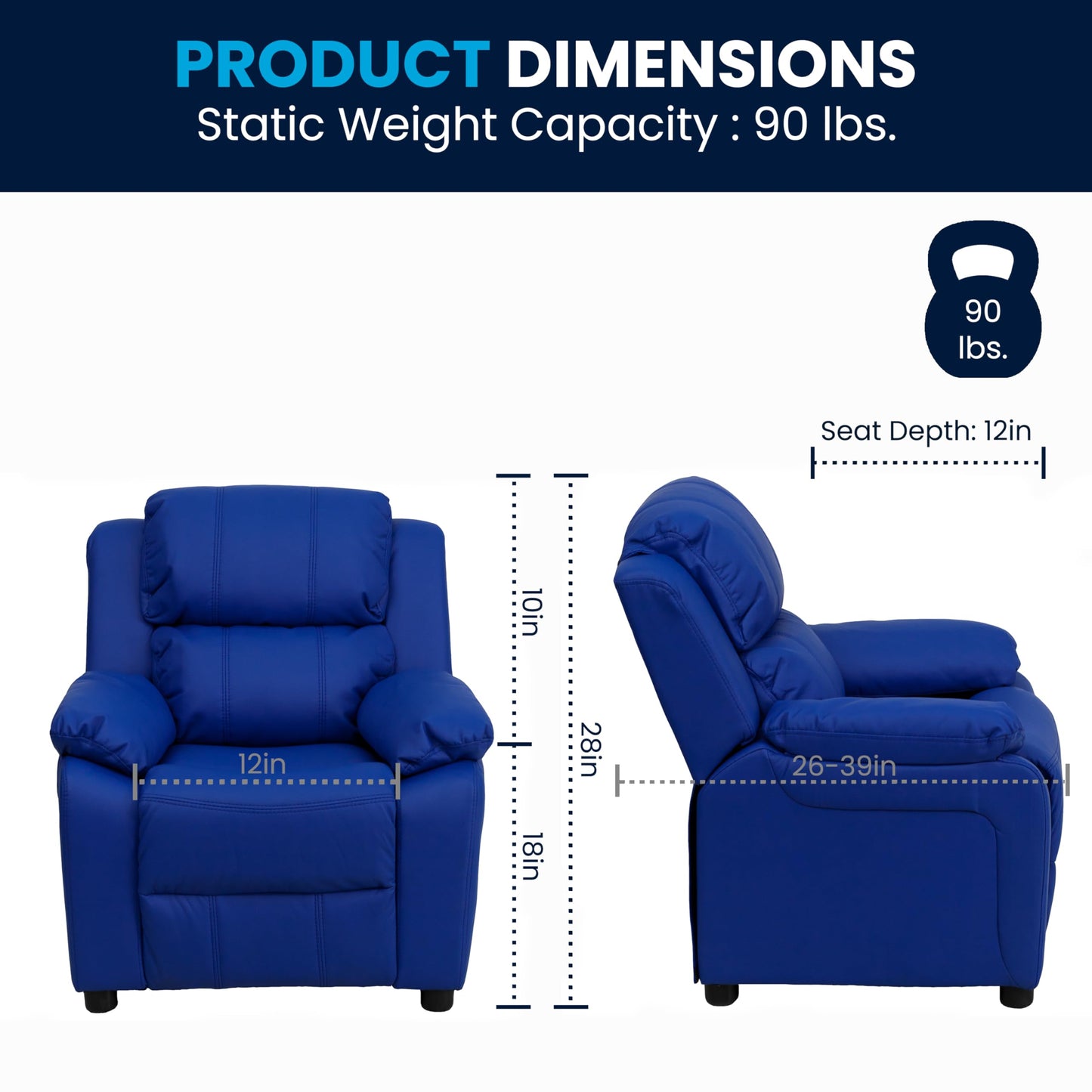 Flash Furniture Charlie Vinyl Kids Recliner with Flip-Up Storage Arms and Safety Recline, Contemporary Reclining Chair for Kids, Supports up to 90 lbs., Blue