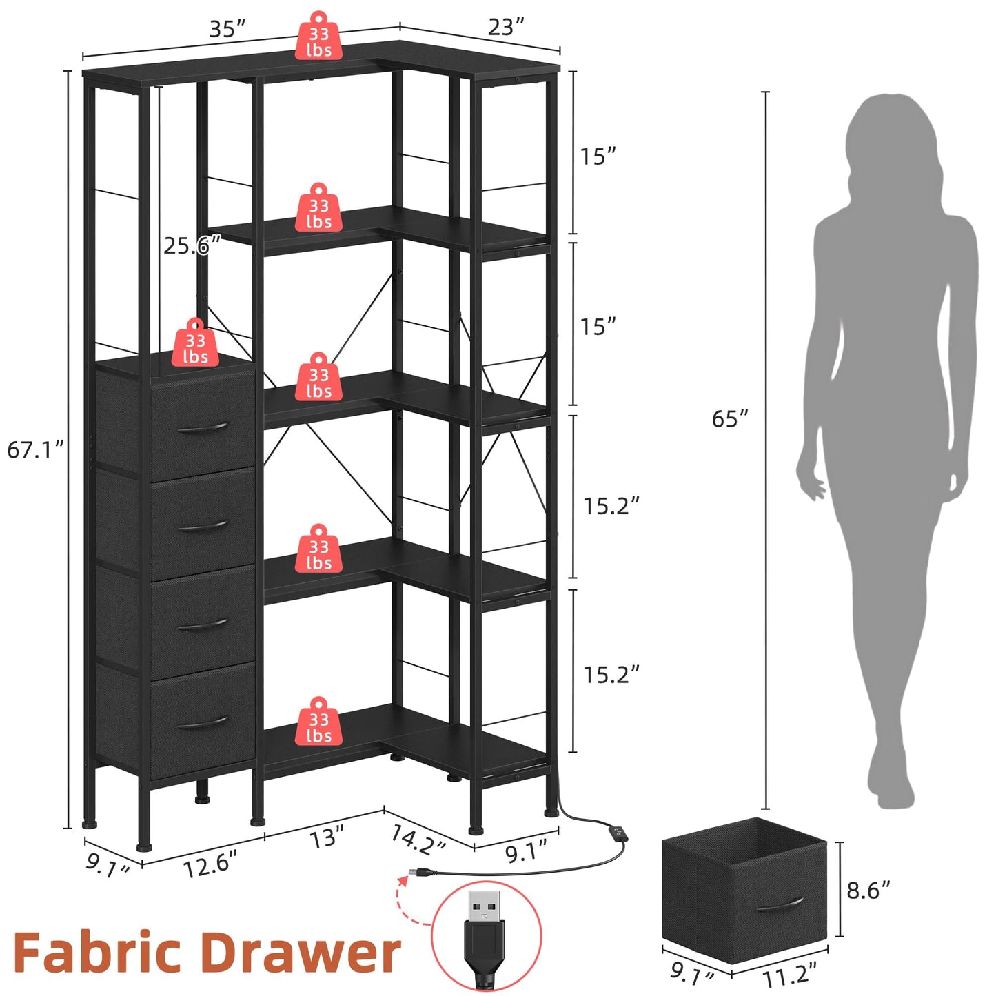 AFLUI Corner Bookshelf with LED Light Strips & 4 Fabric Drawers, 5-Tier Convertible Corner Shelf with Display Shelf, Large Wood Industrial Bookcase for Living Room, Bedroom, Home Office, Black