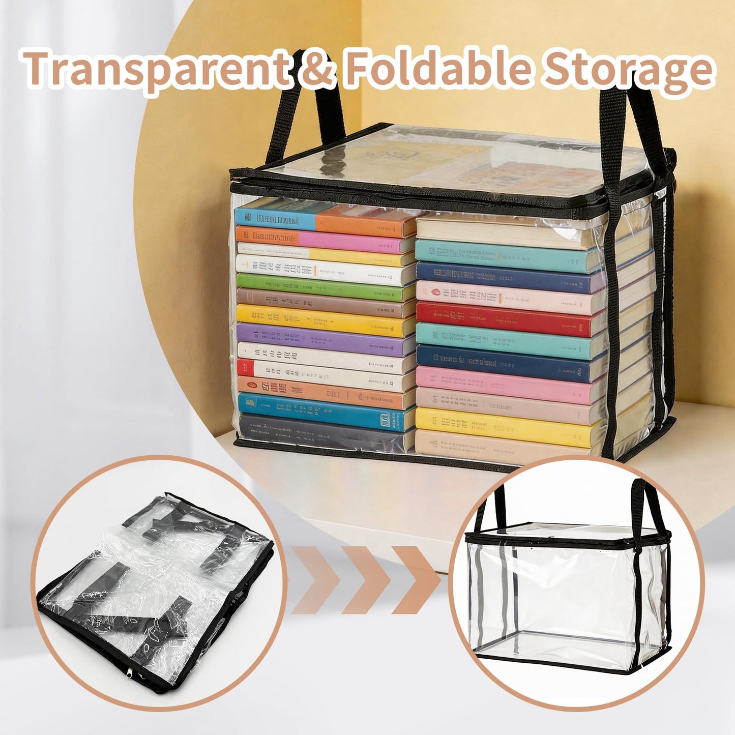 2PCS Clear Book Storage Bag, Waterproof Zippered Comic Books Organizer Collapsible Book Display Case with Lid and Reinforced Handle for Book DVD Blu Ray Disc Clothing 38x24x32cm/15x9x13inches