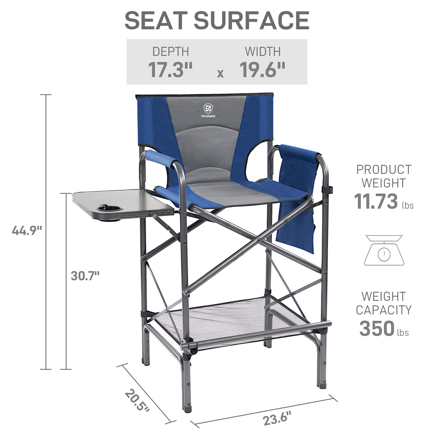 EVER ADVANCED Tall Folding Chair 30.7" Seat Height Directors Chair High Foldable Bar Stool for Makeup Artist Face Painting with Side Table Cup Holder and Storage Pocket Supports 350LBS (Blue/Grey)