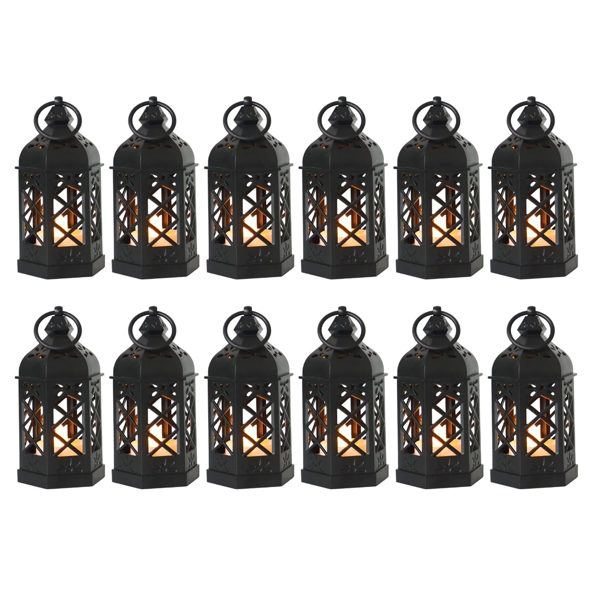 Reperla 12-Pack Mini Lanterns with Flickering LED Candles for Ramadan, Moroccan Decorative Hanging Lanterns for Halloween, Christmas, Wedding, Black Lantern for Table Centerpiece, Home & Party Decor
