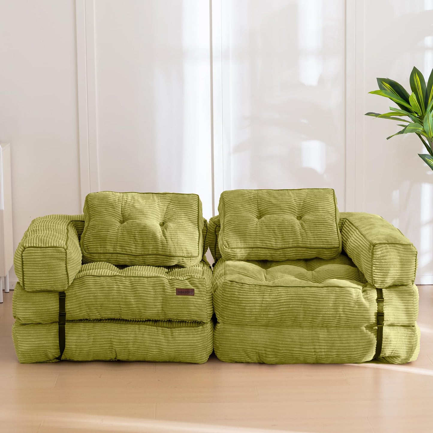 MAXYOYO Folding Sofa Bed, L-Shaped Convertible Sofa with Armrest Foldable Sleeper with Pillow, Portable Fold Out Chair Bed Comfy Floor Lounge for Living Room Bedroom, Green