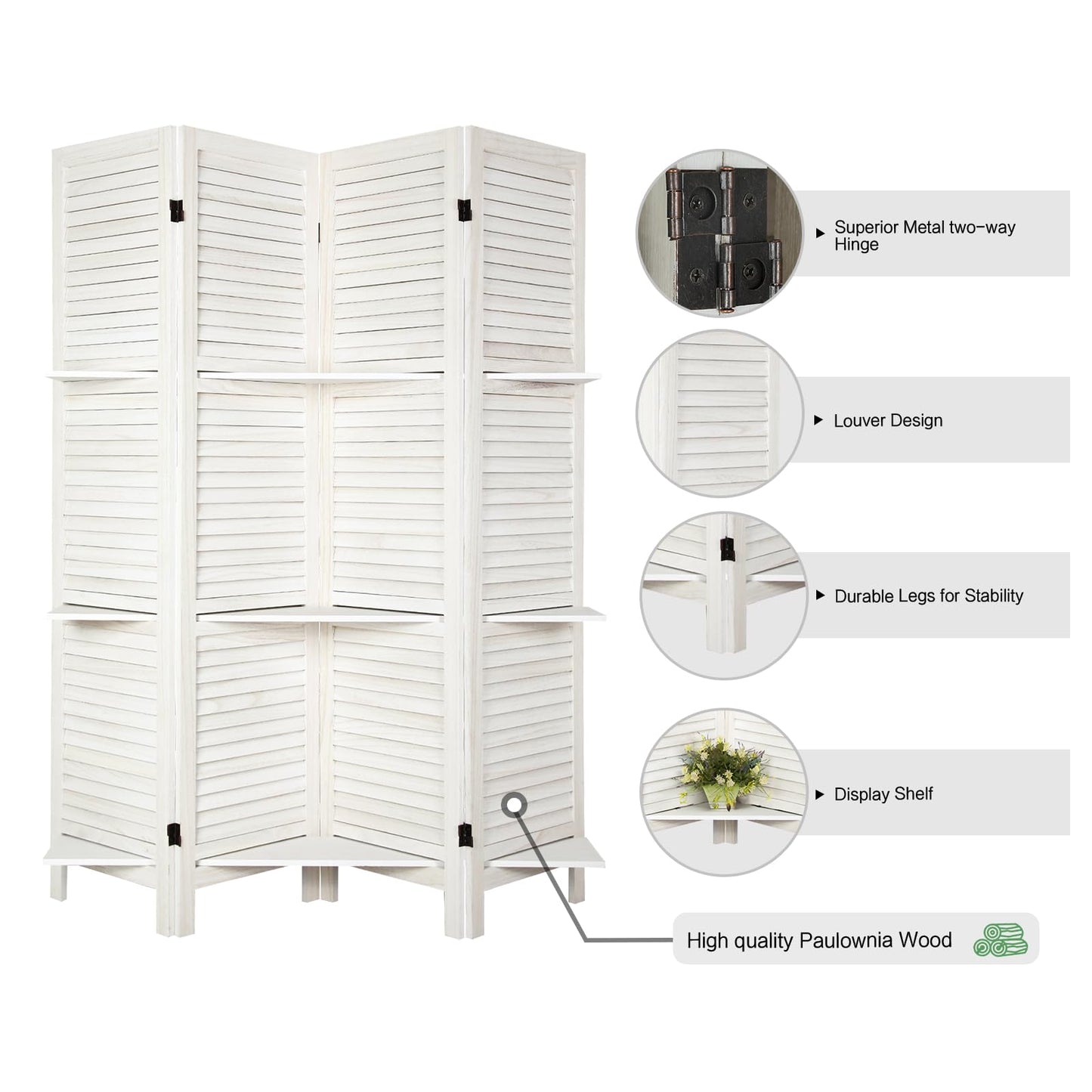 ECOMEX Room Divider with Shelves, 4 Panel White Room Divider, Room Dividers and Folding Privacy Screens, Portable Wooden Room Dividers and Partitions for Bedroom, Home Office, Studio (Warm White)