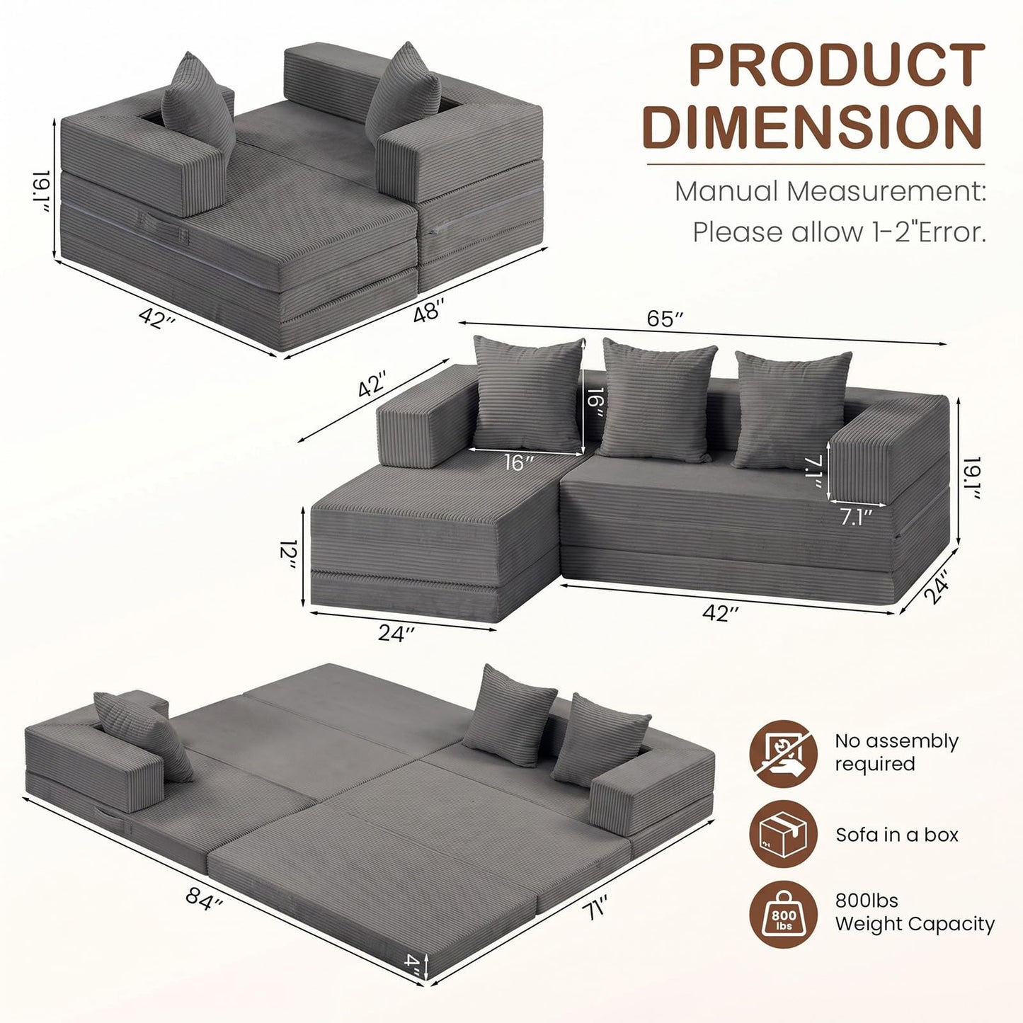 65'' L Shaped Couches for Living Room, Cloud Sectional Couch, Boneless Couch with Deep Seat Left Facing Chaise, Mini Modular Sectional 3 Seater Sofa for Apartment Furniture, No Assembly Needed, Grey