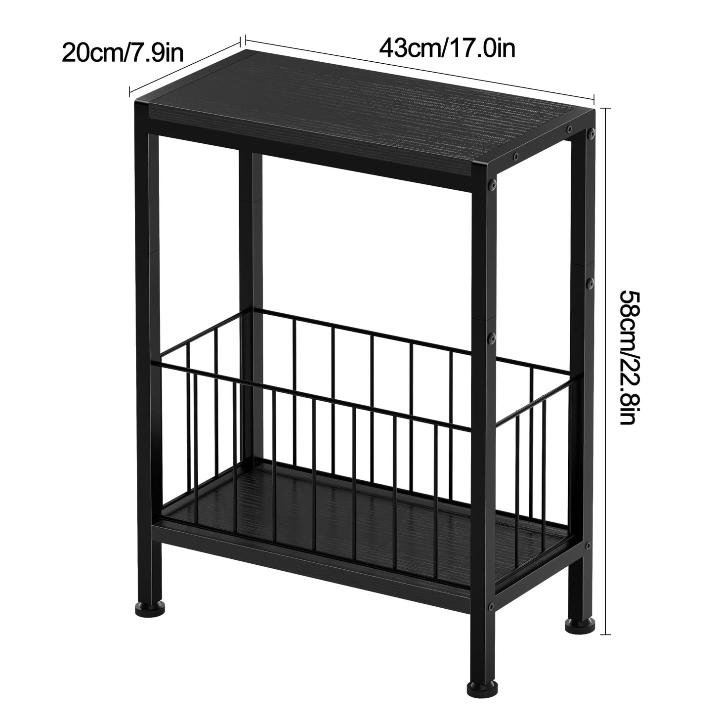 Lifenite Narrow Side Table, Skinny End Tables with Magazine Holder, Small Sofa Table for Small Spaces, Space-Saving Design, Slim Nightstand Bedside Table for Living Room, Bedroom, Office, Black