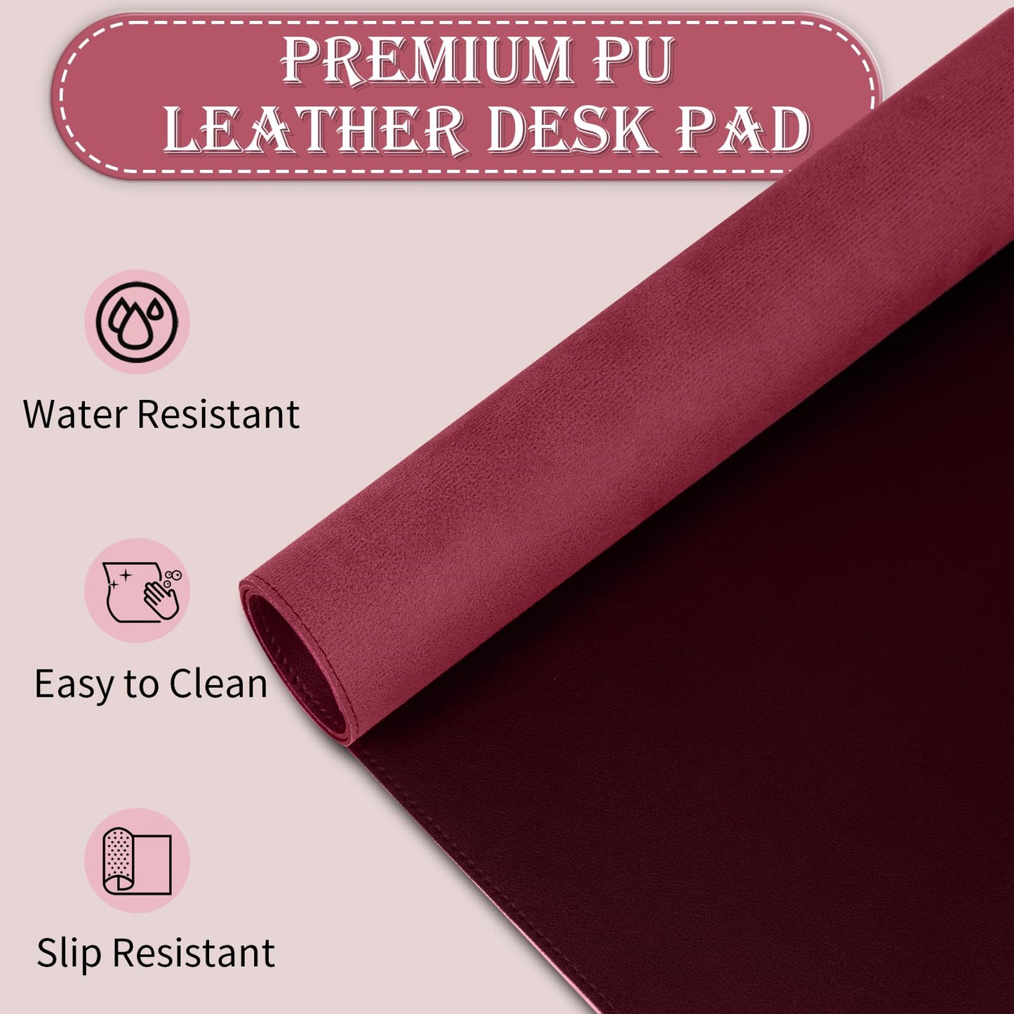 Large Desk Mat 35.4" x 17", PU Leather Desk Pad Protector, Non-Slip Large Mouse Pad for Desk, Waterproof Computer Desk Mat, Office Desk Pad for Keyboard Mouse, Desk Writing Mat (Burgundy)