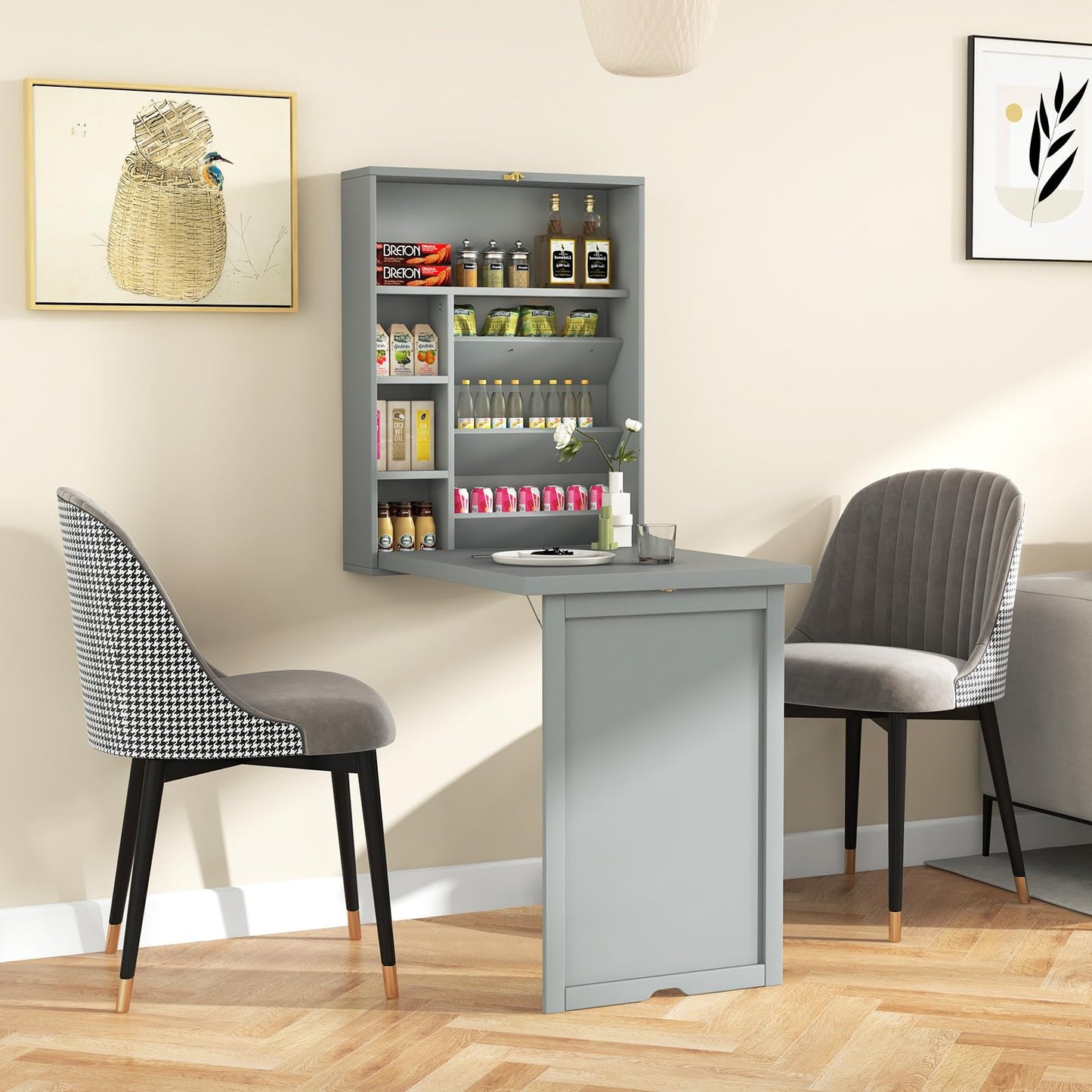 GOFLAME Wall Mounted Folding Desk with 3-Tier Tilt Storage Partition and Adjustable Shelves, Space-Saving Convertible Writing Desk for Home Office, Gray