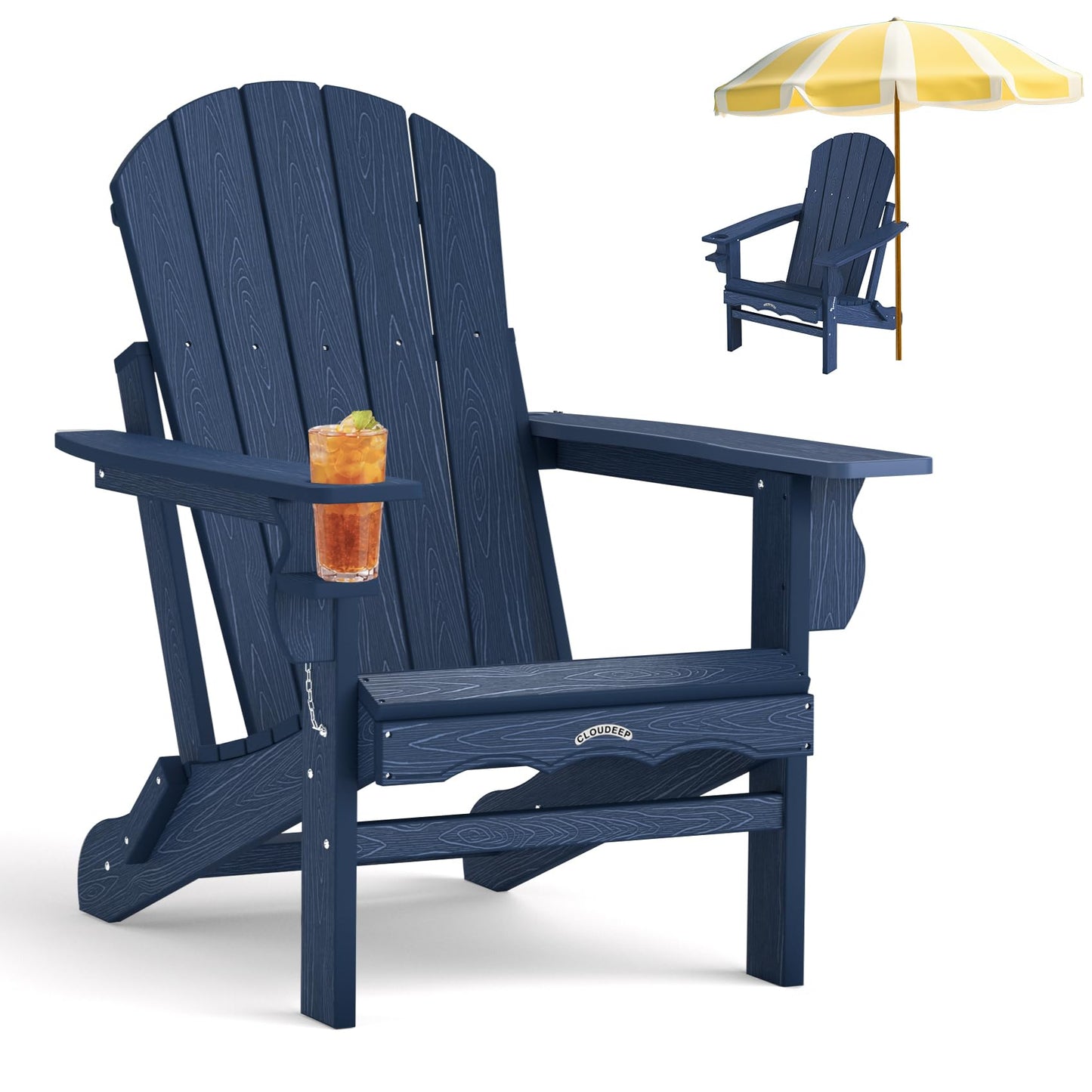 CLOUDEEP Folding Adirondack Chairs, HDPE Plastic Adirondack Chair with Cup Holder Weather Resistant, Wood Texture Outdoor Fire Pit Chairs for Patio Garden,Poolside and Deck, Umbrella Hole, Dark Blue