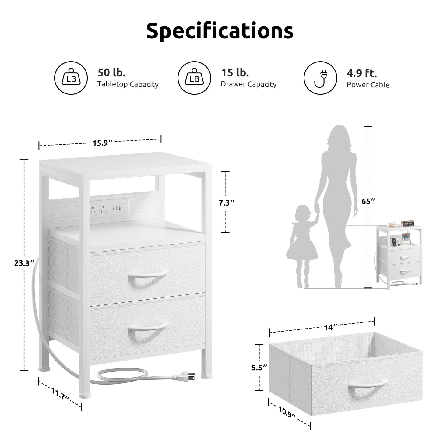 Lazzanto NightStand Bedside Charging Table Bedroom - Night Stand with Charger Station, White Modern Bed Side End Table with Open Shelf & 2 Fabric Drawers, USB-C Port & AC Outlets for Dorm, Living Room
