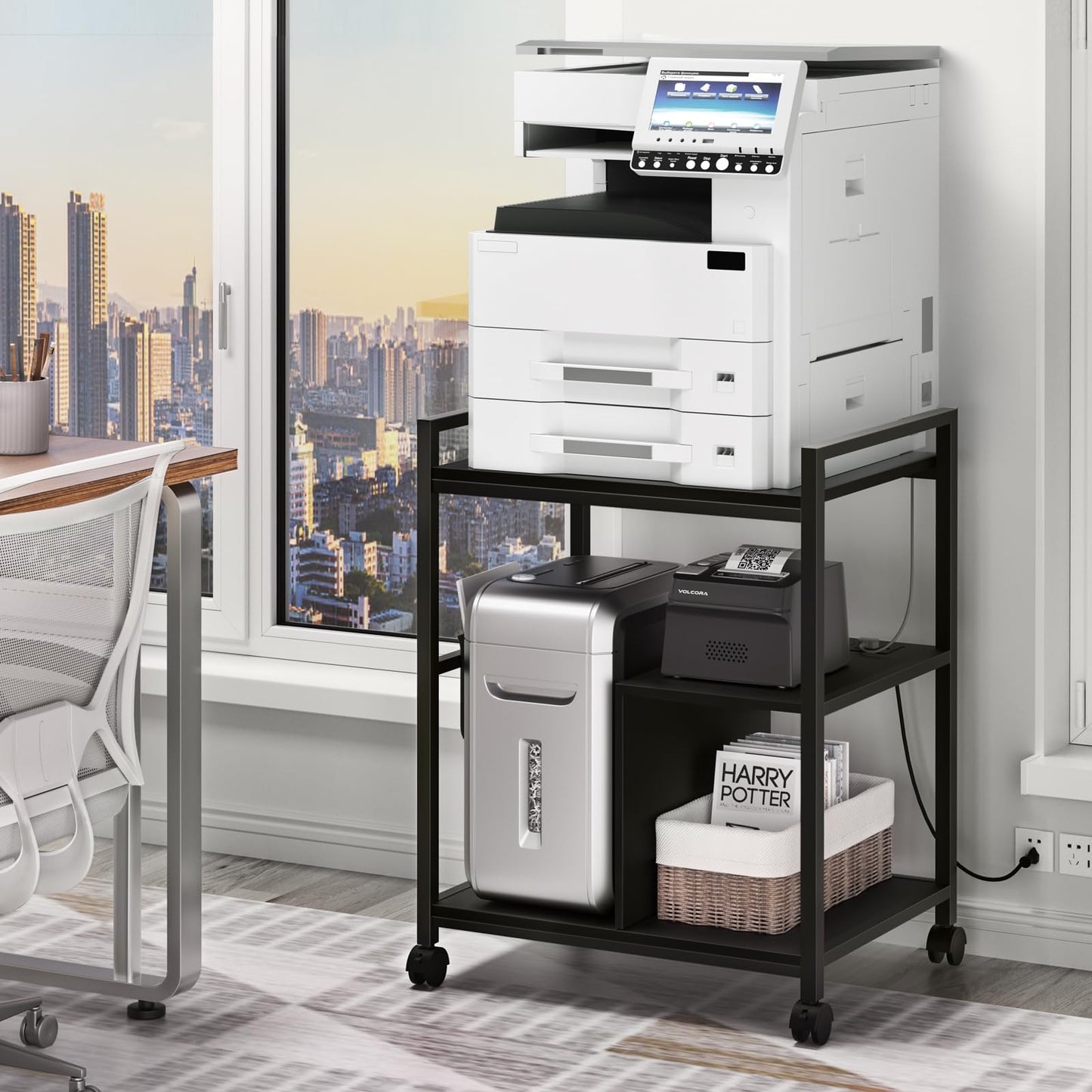 Lerliuo Printer Stand with Charging Station and USB Ports, Large 3-Tier Mobile Printer Table with Storage Shelf, Black Rolling Industrial Printer Cart with Lockable Wheels for Home Office