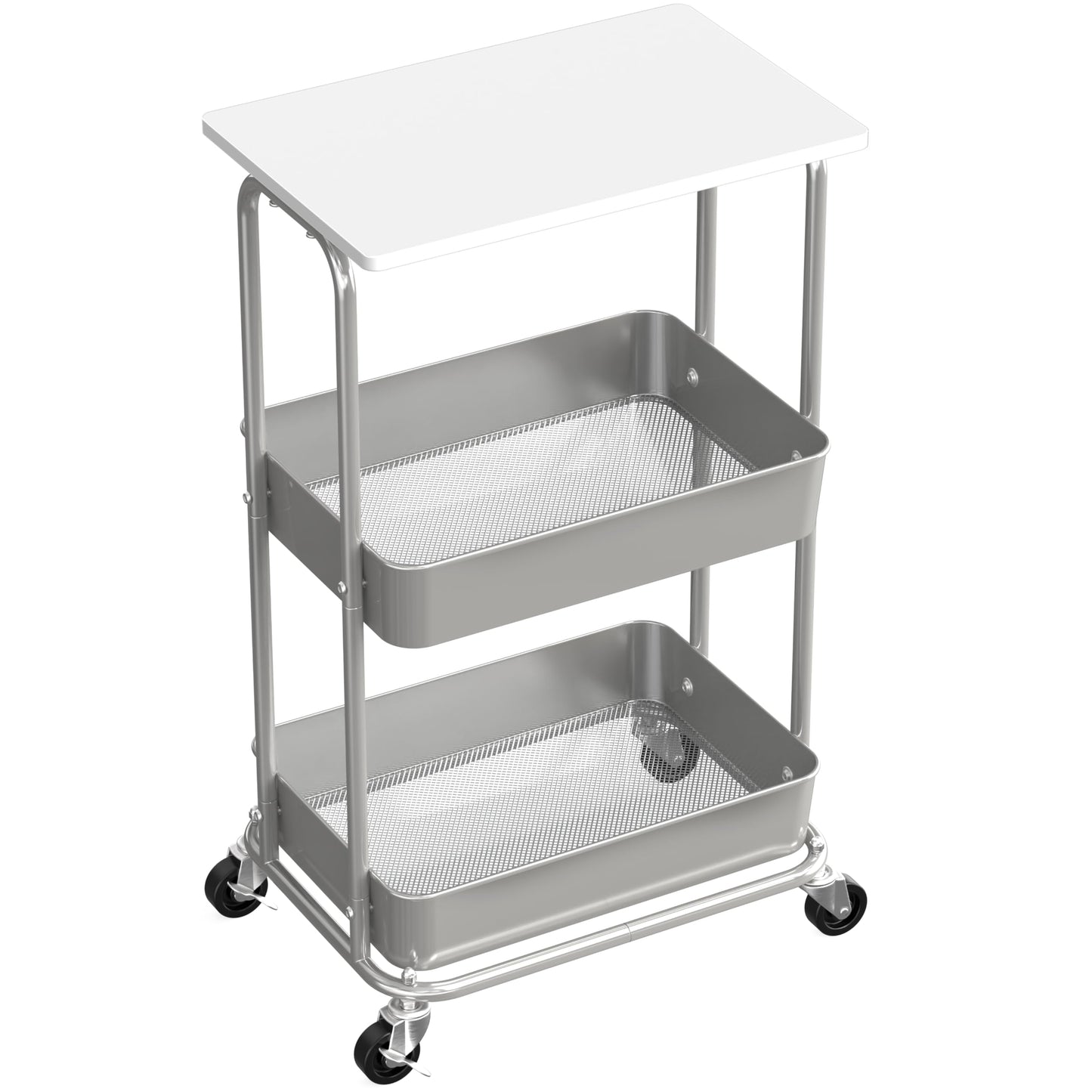 Simple Houseware 2-Tier Rolling Utility Cart with Lockable Wheels and Wood Top, Metal Storage Organizer Trolley for Kitchen, Bathroom, Office, Craft Room, White