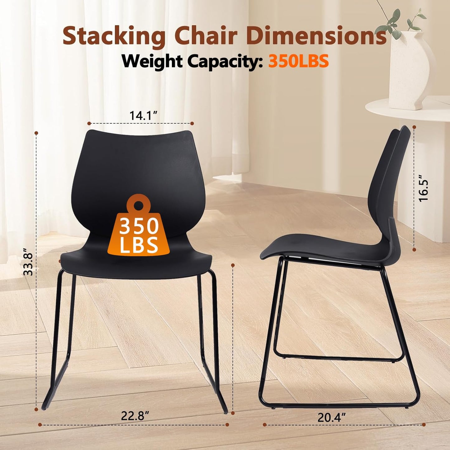 KLASIKA Stackable Waiting Room Chair, Stacking Office Chair with Ergonomic Lumbar Support and Metal Legs, Plastic Desk Chairs for Conference School Church Guest Reception Set of 4, Black