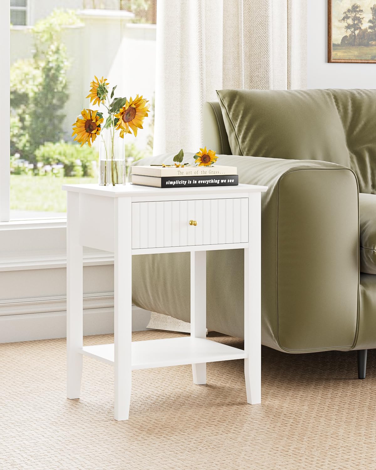 Apetaccat Fluted Nightstand, Farmhouse Night Stand with 1 Drawers, Mid Century Modern Side Accent Table,Bedside End Table for Bedroom, Living Room, White