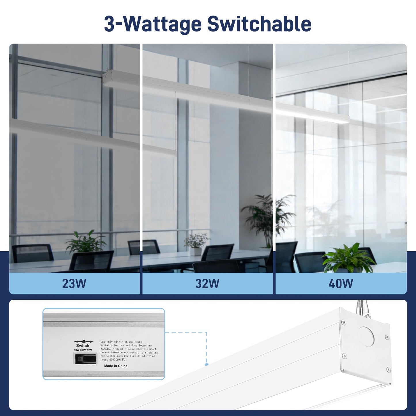 Hykolity 4FT LED Architectural Suspended Linear Channel Light Linkable, 23/32/40W 3000K/4000K/5000K CCT Selectable, Dimmable Office Lighting Fixture for Commercial Places, 4600lm, ETL, 4 Pack - Silver