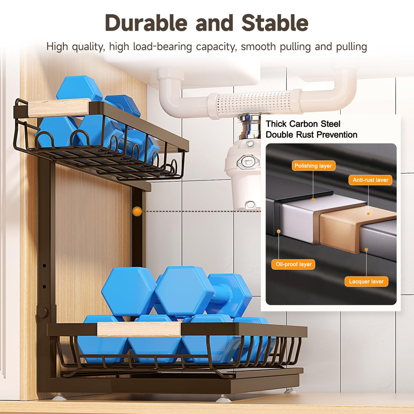 Sevenblue 2 Packs Under Sink Organizer, Height Adjustable 2 Tier Under Kitchen Sink Organizer, Multi-Purpose Storage Shelf for Kitchen Bathroom Cabinet (Brown, Large)
