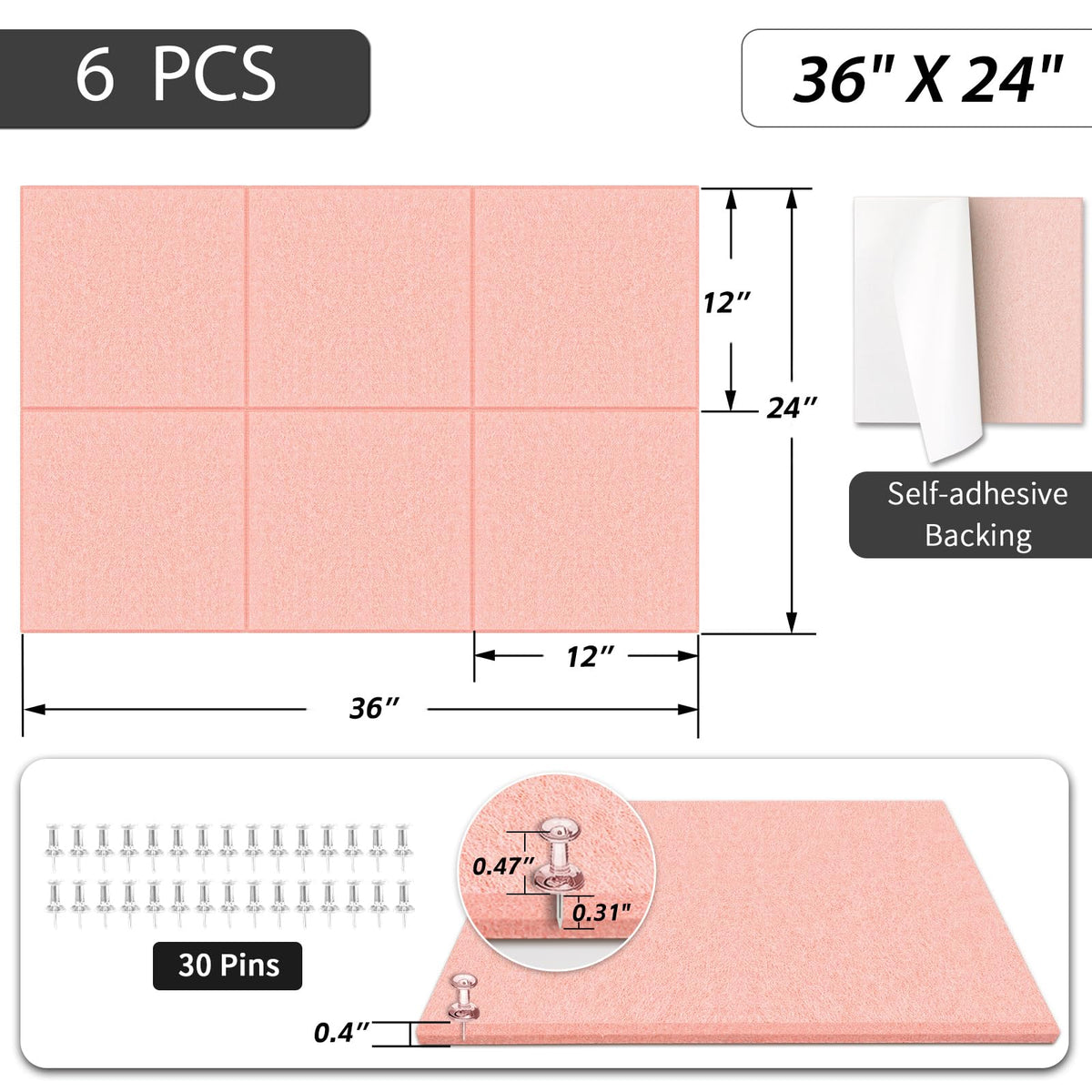 BXI Felt Bulletin Board - 36 X 24 Inches, 6 Pcs Self-Adhesive Decor Cork Boards with 30 Pushpins, Sturdy Acoustic Wall Panels for Office Work, Poster Pin Tiles for Teen Dorm Room Kitchen Classroom