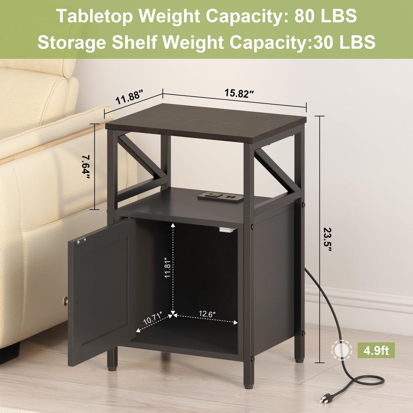 FUNHUKSON Farmhouse 3-Tier Side Table with USB Charging & Outlets Black