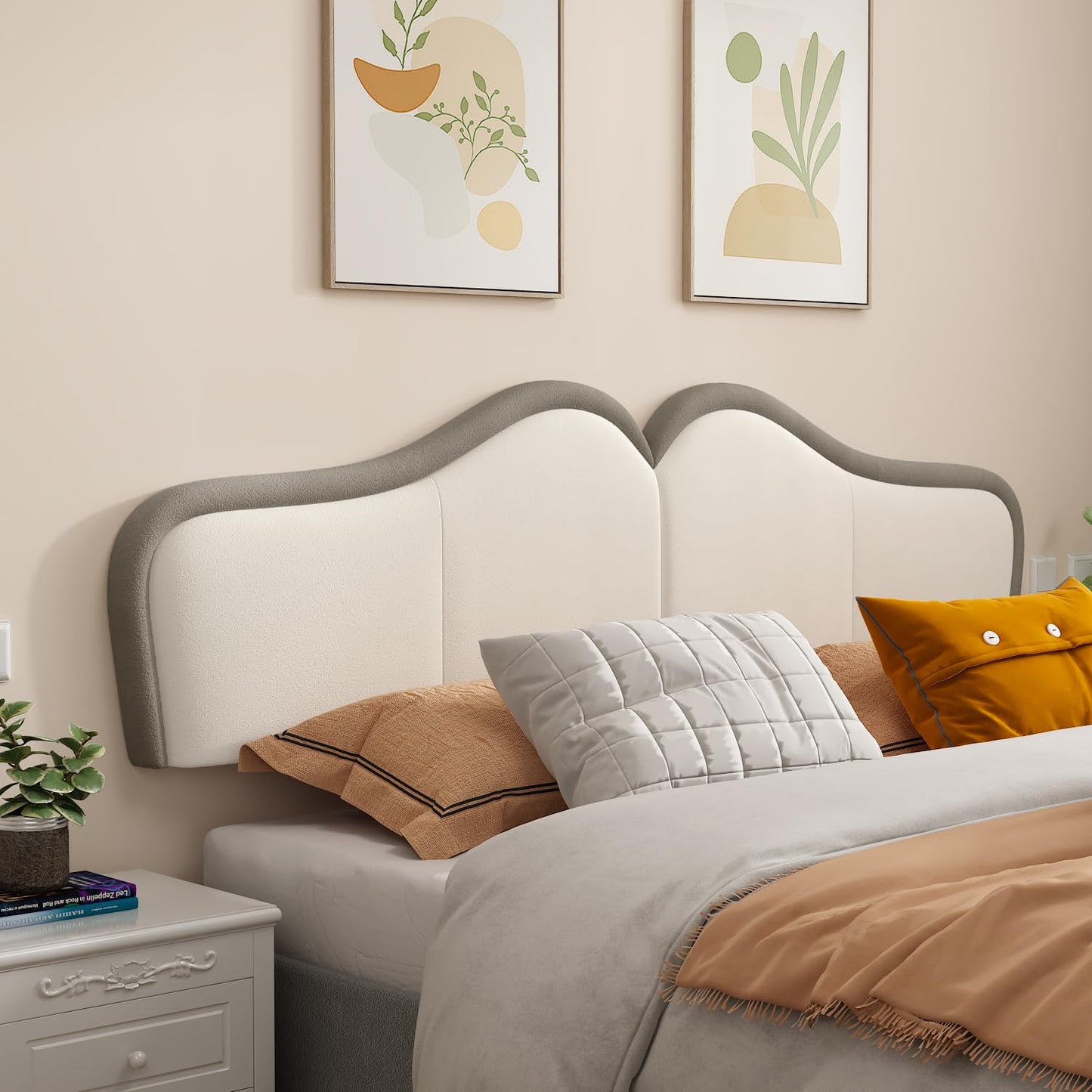HouseMila King Headboard,Upholstered Headboards Bed Head Board Modern Wave Shaped Velvet Wall Mount Bed Headboard for Stylish Bedroom Decor(King,Beige+Brown)
