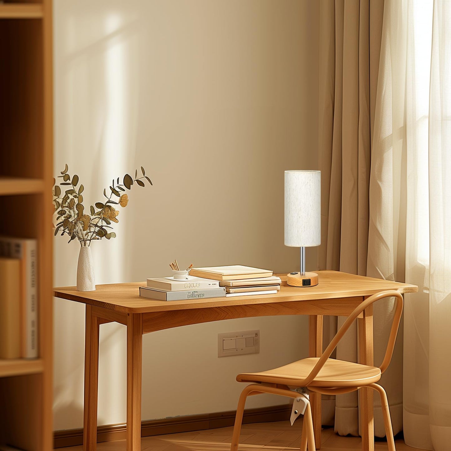 Fenmzee Small Touch Table Lamps Set of 2-3-Way Dimmable, USB A + C Charging, AC Outlet, Wood Grain Base, Bulbs Included